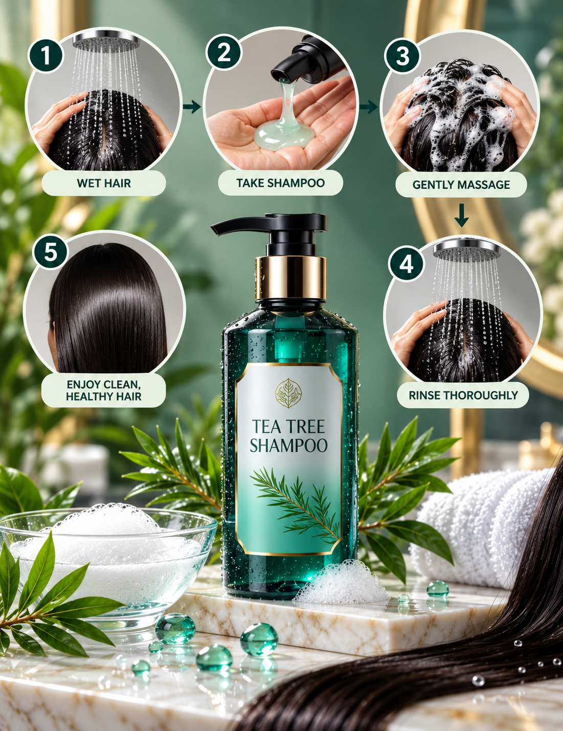 How to use tea tree shampoo safely with wetting, applying, gentle scalp massage and thorough rinsing steps