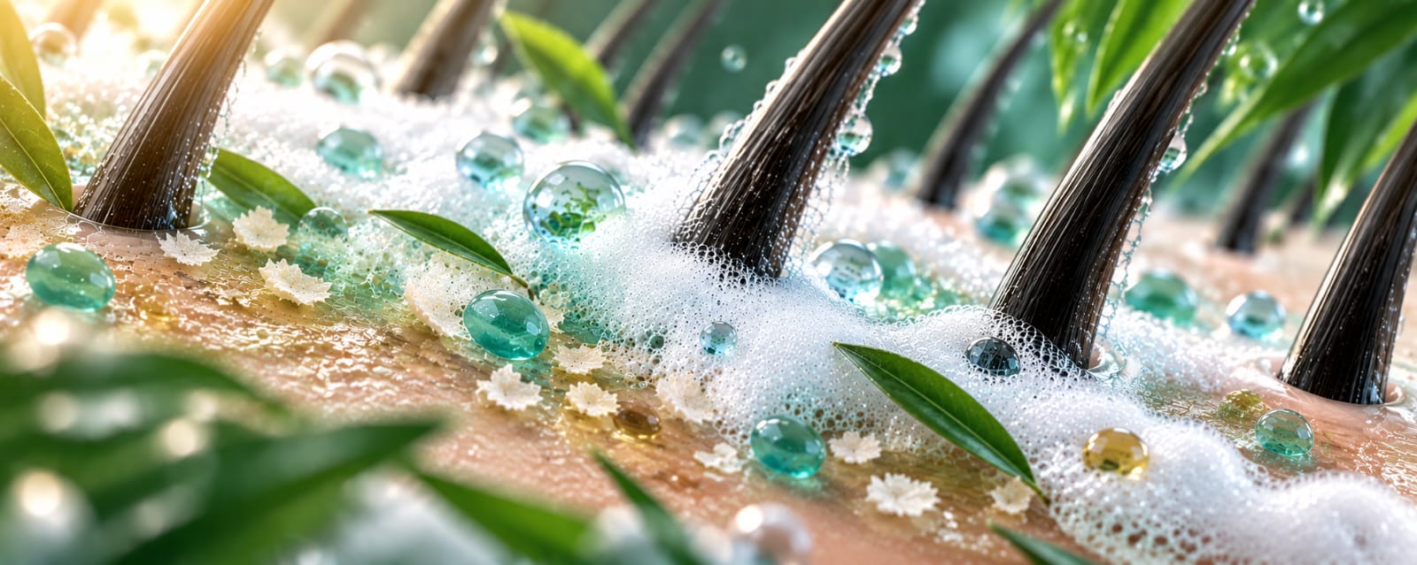 Tea tree shampoo foam supporting freshness on a mildly oily flaky scalp