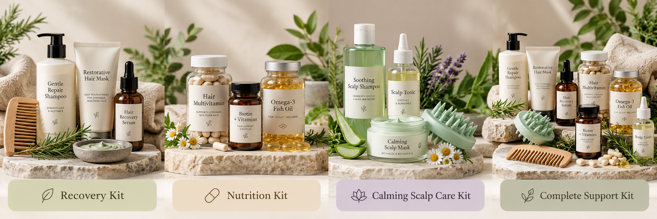 Stress hair support kits for recovery, nutrition, calming scalp care and complete support