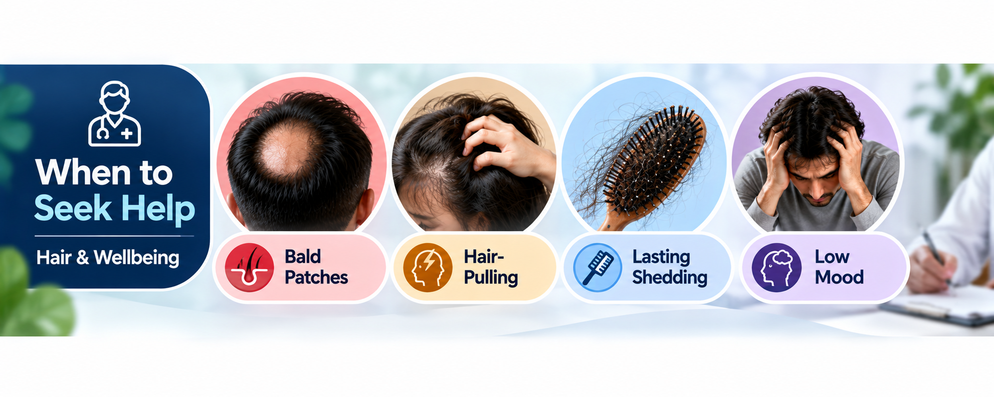 When to seek help for hair and wellbeing including bald patches, hair pulling, lasting shedding and low mood
