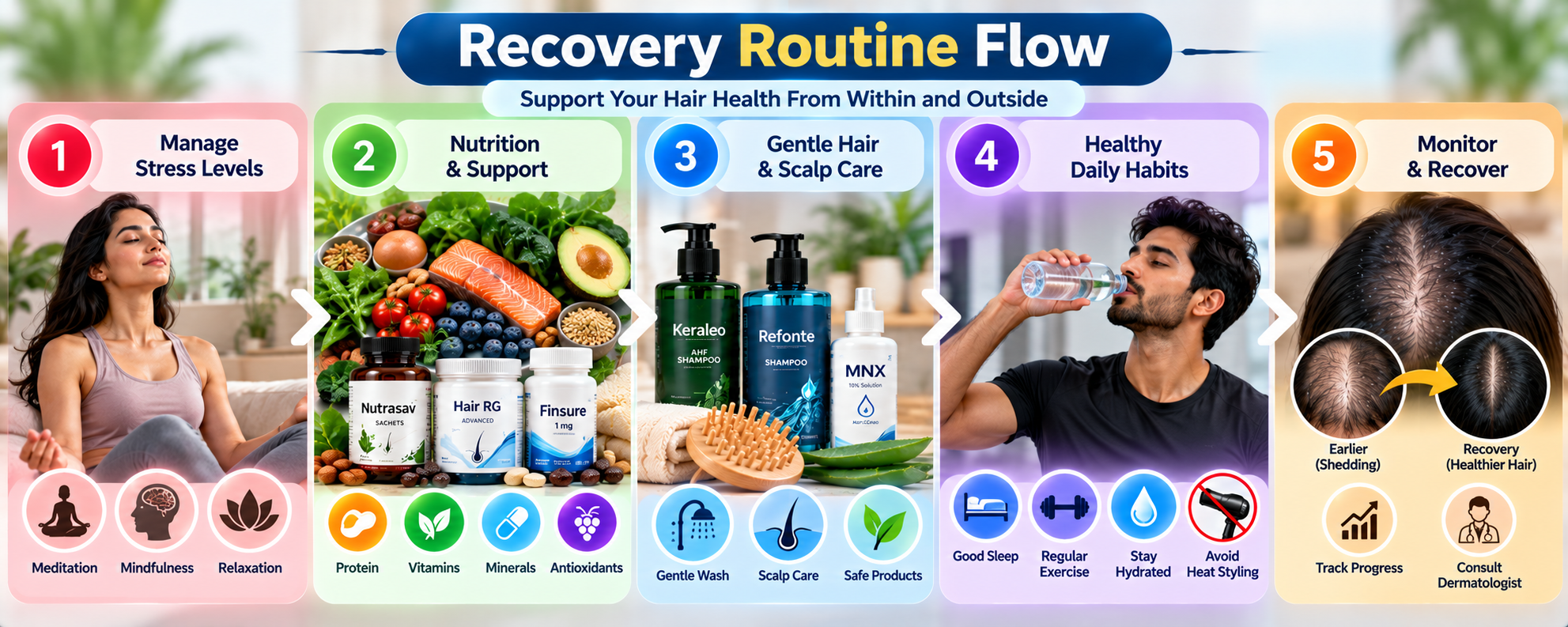 Stress hair loss recovery routine showing stress management, nutrition support, gentle scalp care, healthy habits and progress monitoring