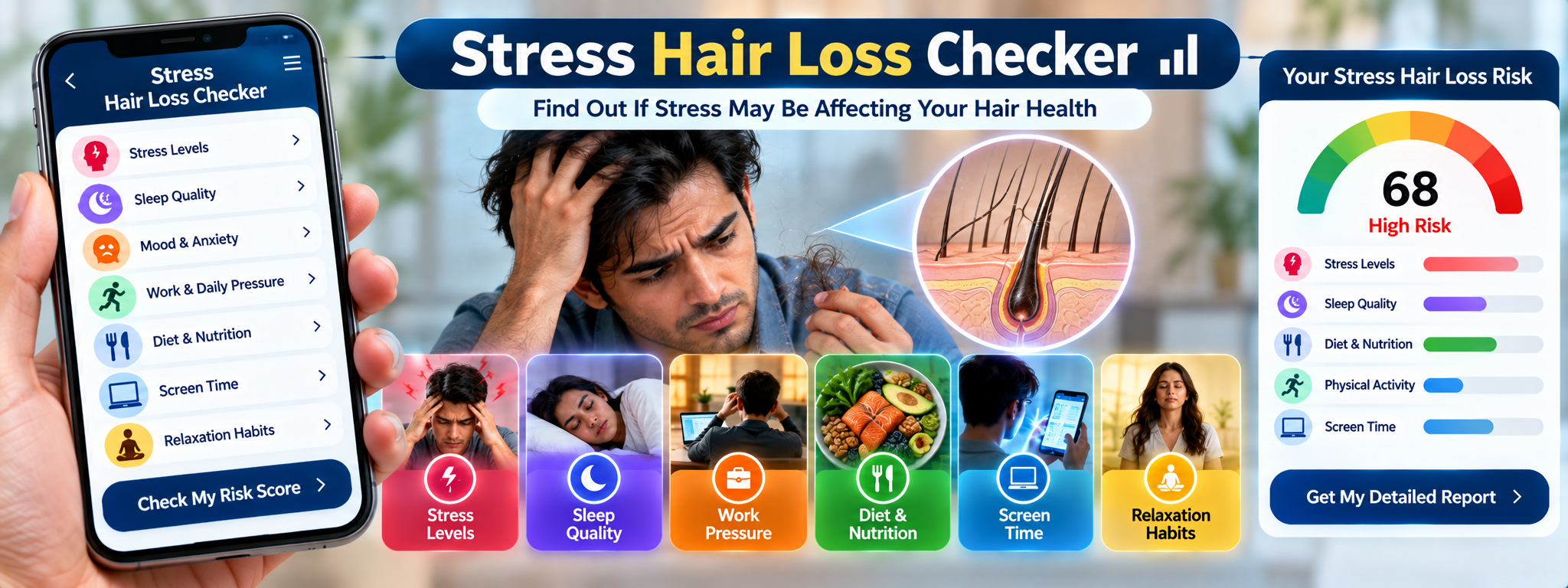 Stress hair loss checker app showing self-assessment for stress, sleep, work pressure, nutrition, screen time and relaxation habits