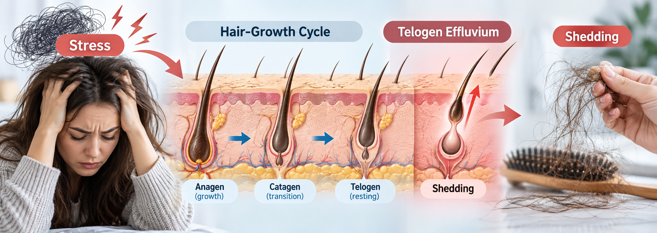 Stress-induced hair loss diagram showing stress pushing hairs into shedding through telogen effluvium