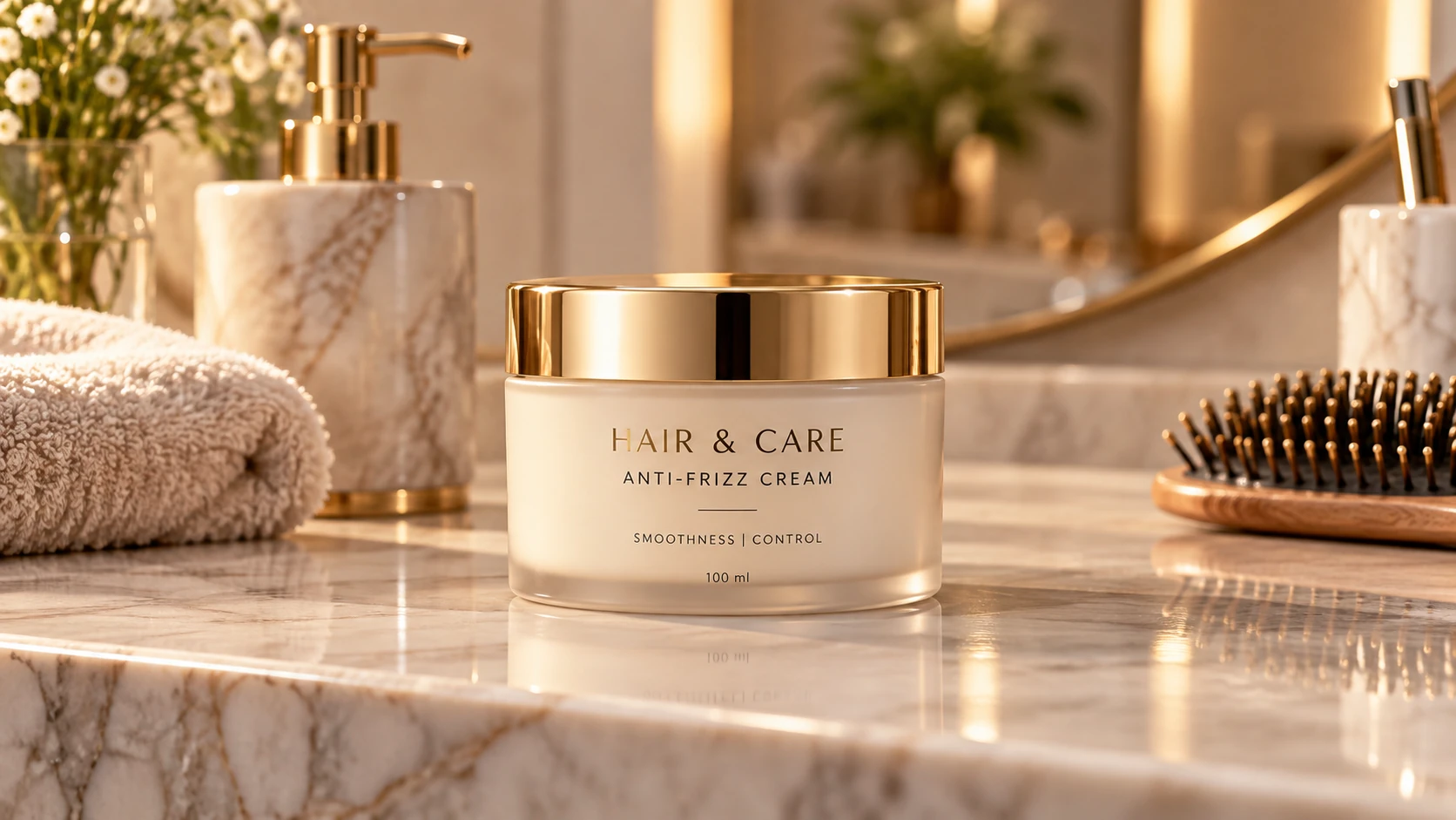 Anti-frizz cream jar for smoothness, flyaway control and polished hair styling on a luxury marble vanity