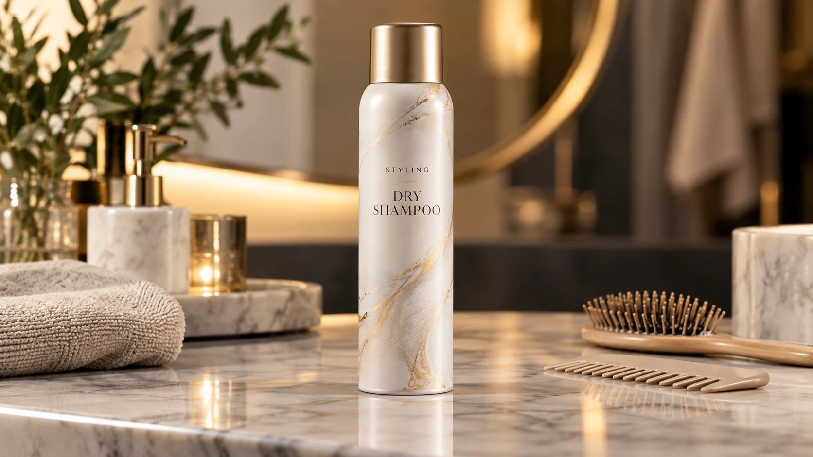 Dry shampoo styling spray for refreshing oily roots and adding hair volume on a premium marble vanity