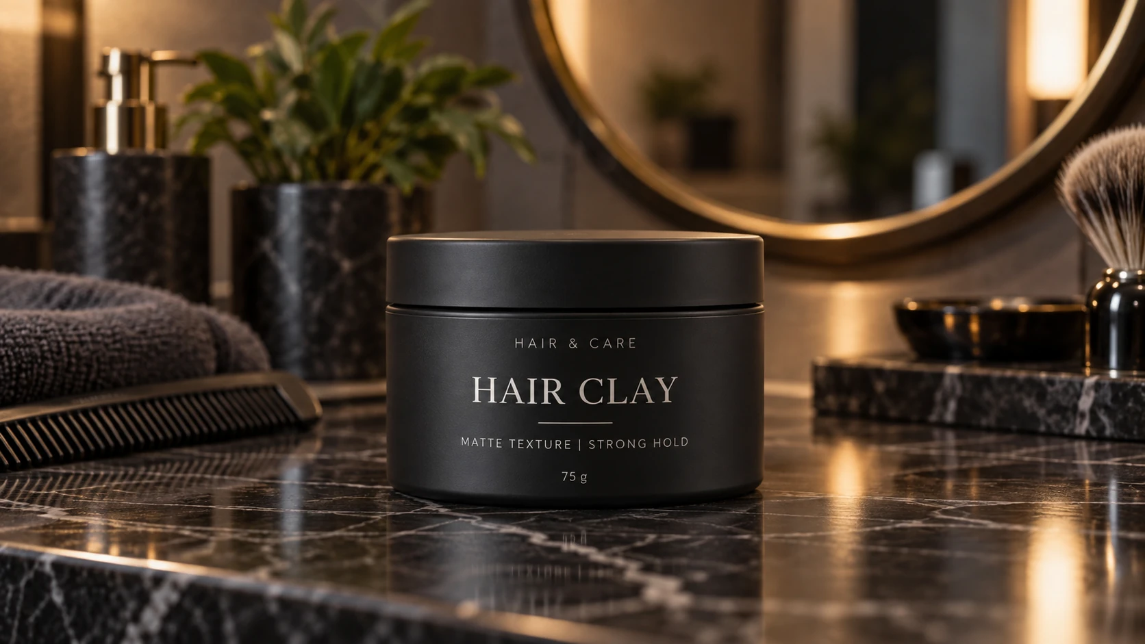 Hair clay jar for matte texture and strong hold on a premium black marble vanity