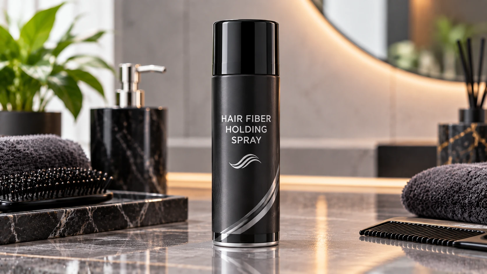 Hair fiber holding spray bottle for setting cosmetic hair fibers and improving hairstyle hold on a premium marble vanity