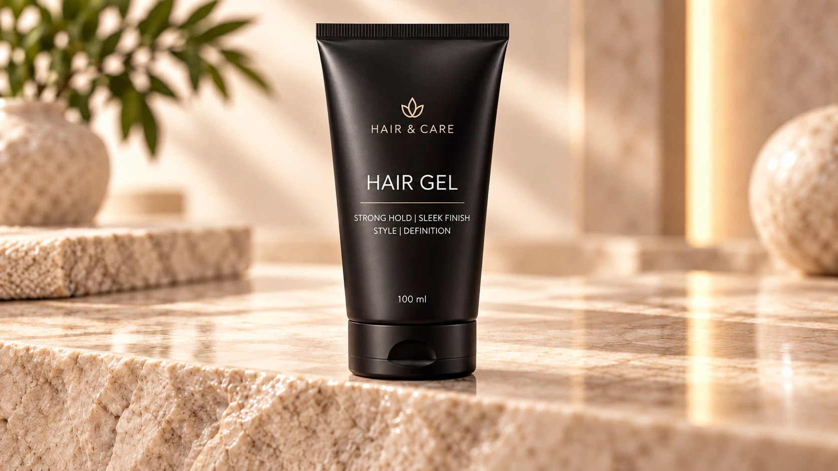 Hair gel tube for strong hold, sleek finish, style and definition on a premium marble surface