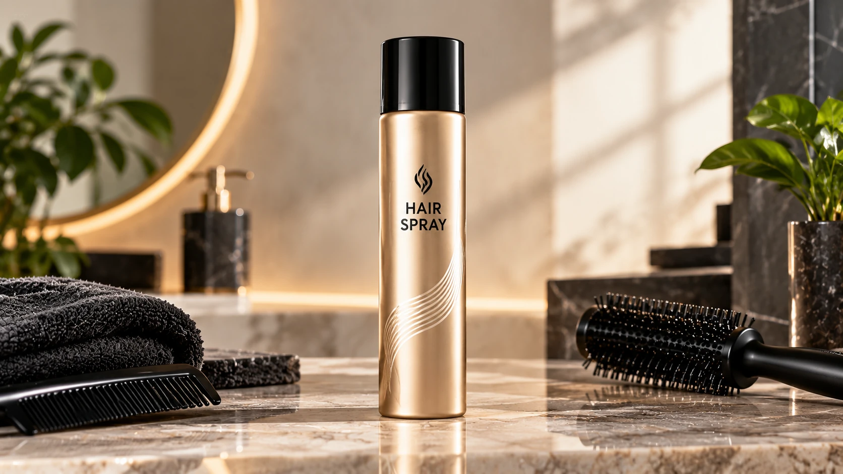 Hair holding spray bottle for strong hold and long-lasting hairstyle on a premium marble surface