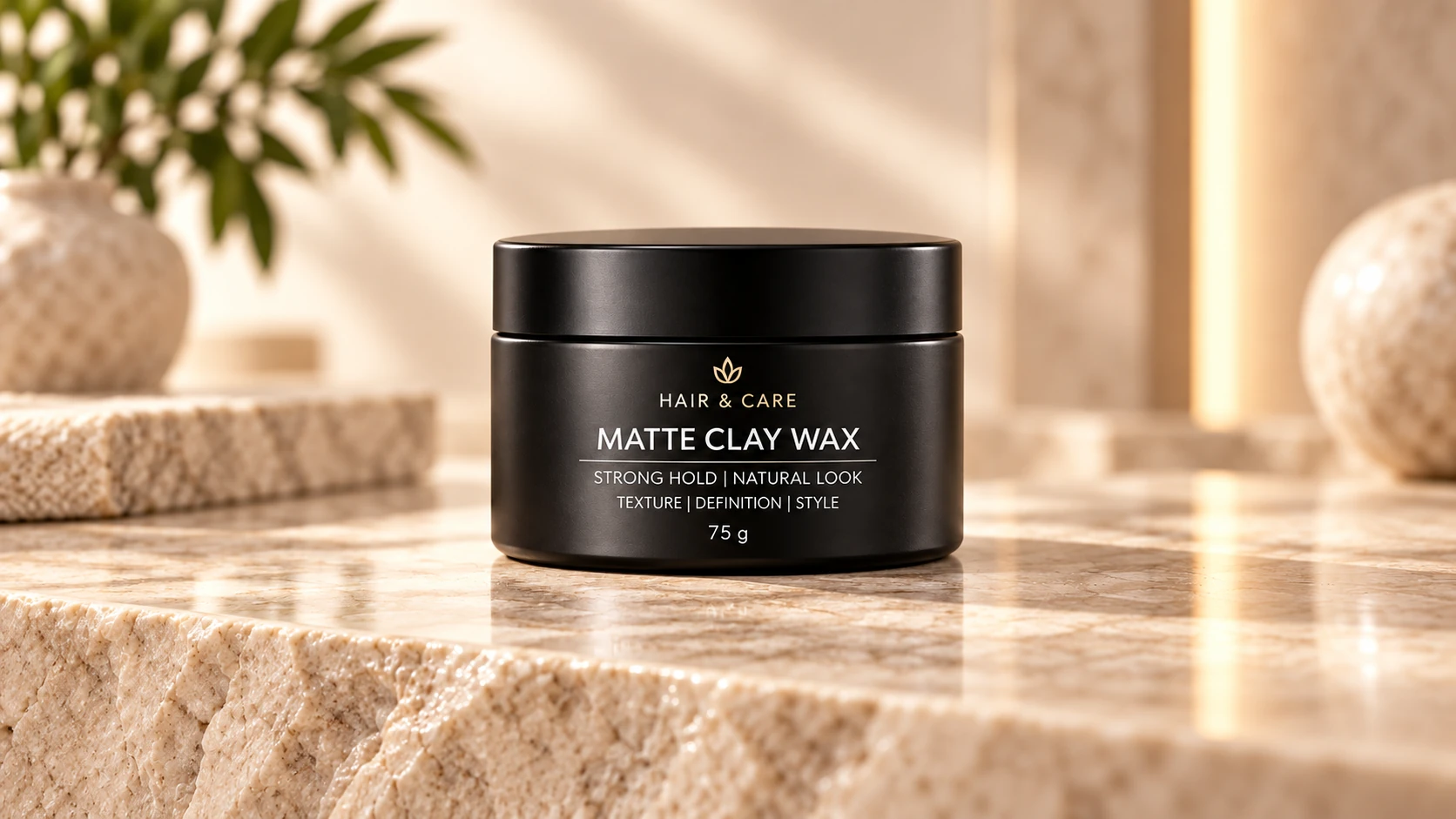 Matte clay hair wax jar on marble surface for strong hold and natural textured styling