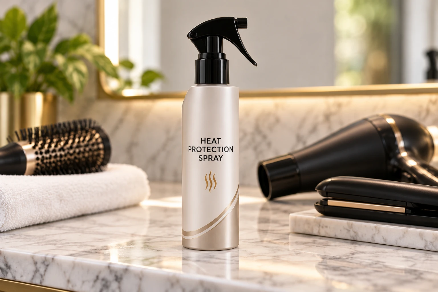 Heat protection spray bottle with hair dryer and straightener on a premium marble vanity