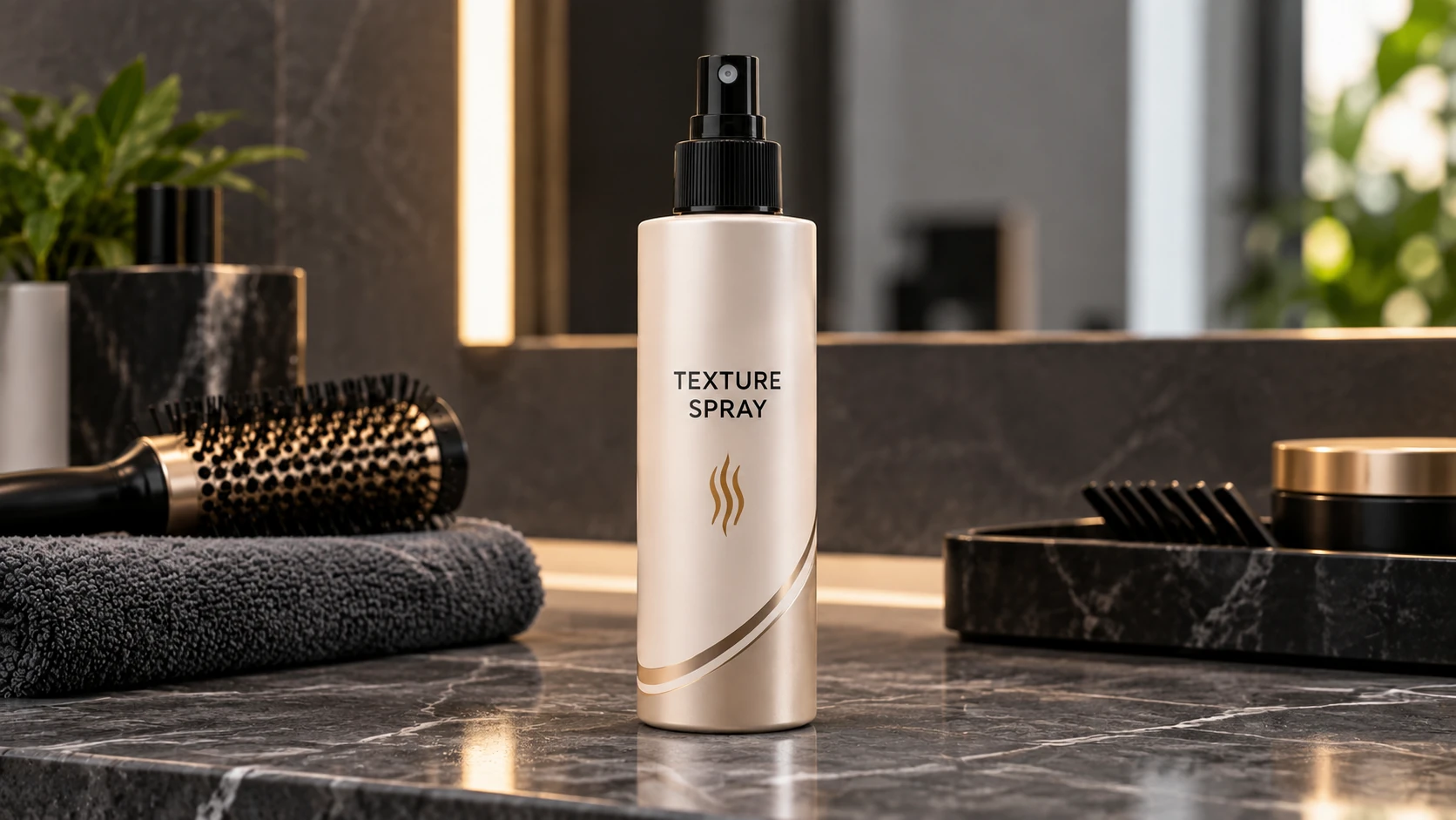 Texture spray bottle for hair volume, movement and textured styling on a premium black marble vanity