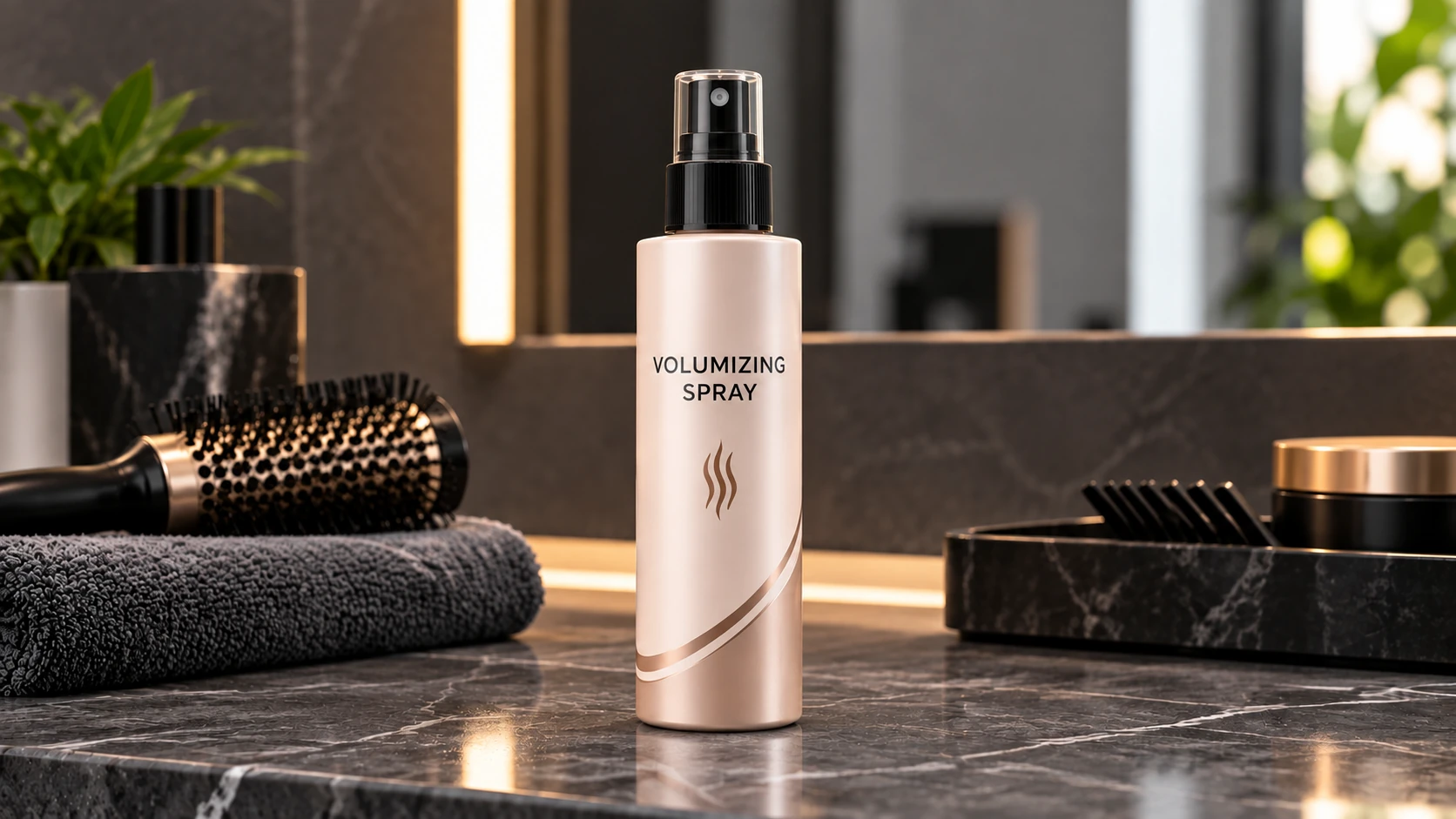 Volumizing spray bottle for hair volume, root lift and lightweight body on a premium marble vanity