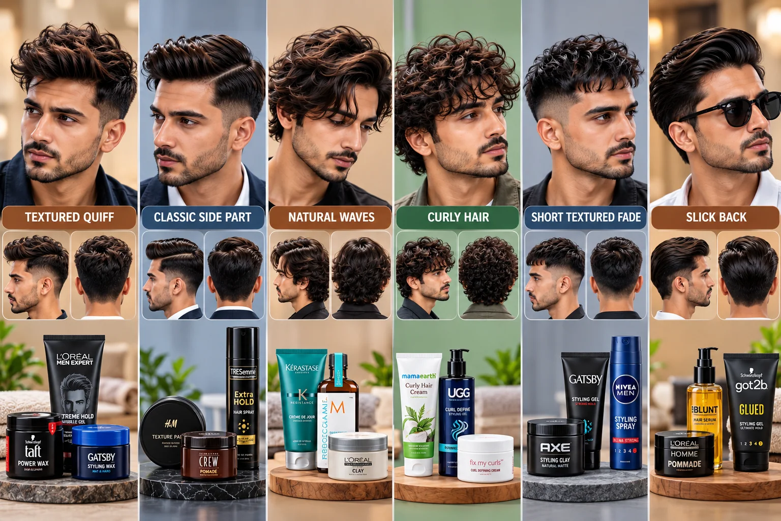 Six unbranded men’s styling product formats shown open to reveal their textures