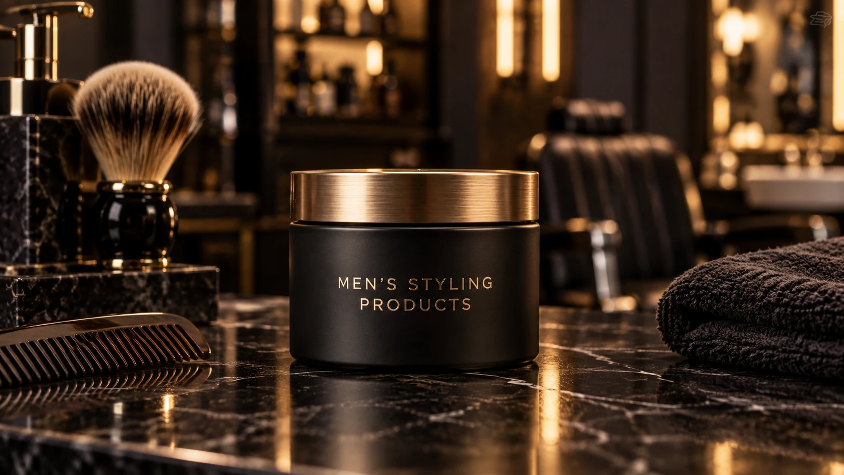 Men’s hair styling products arranged as an editorial still life on a dark stone surface
