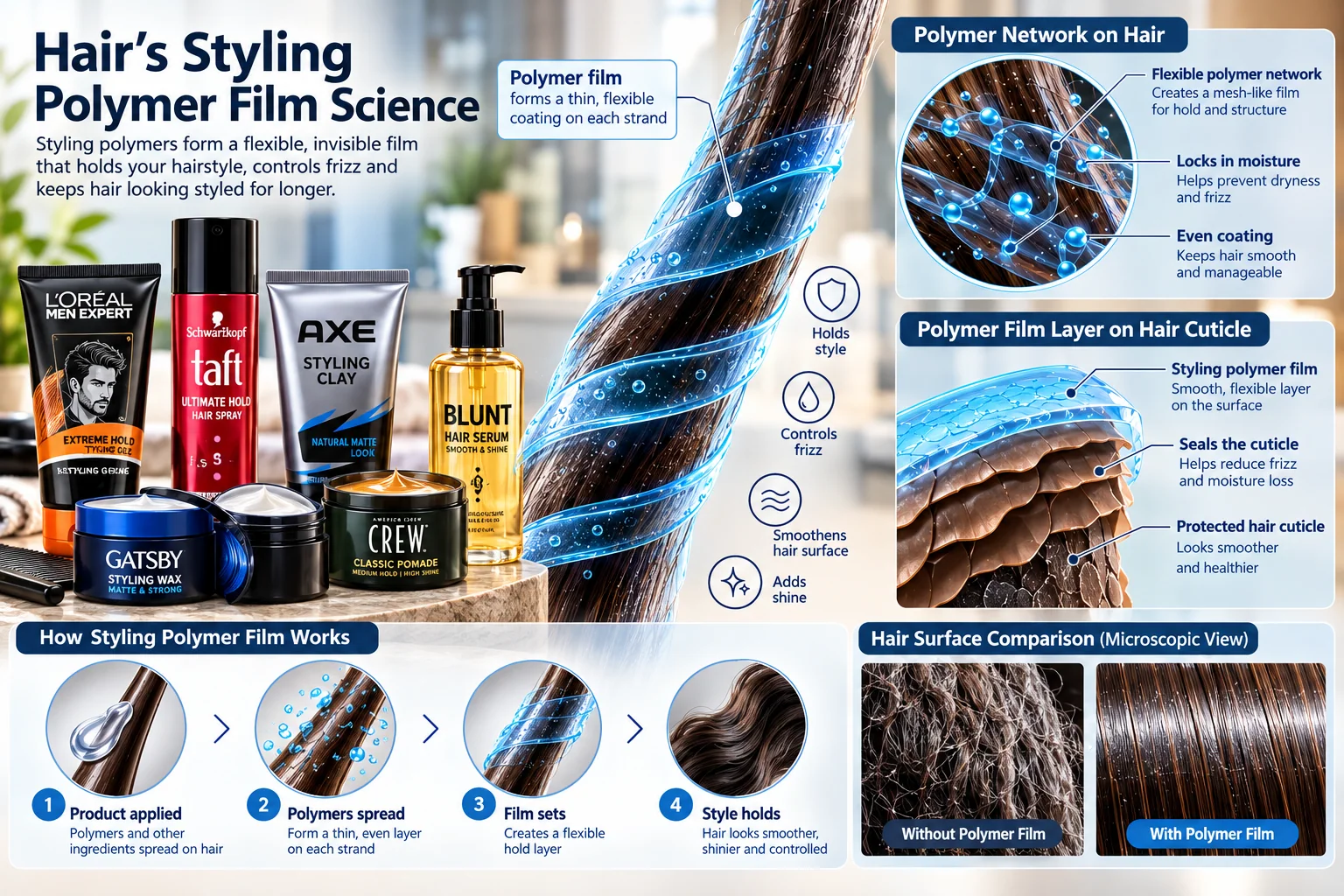 Scientific illustration of a dried polymer film bridging two hair fibres at the microscopic scale