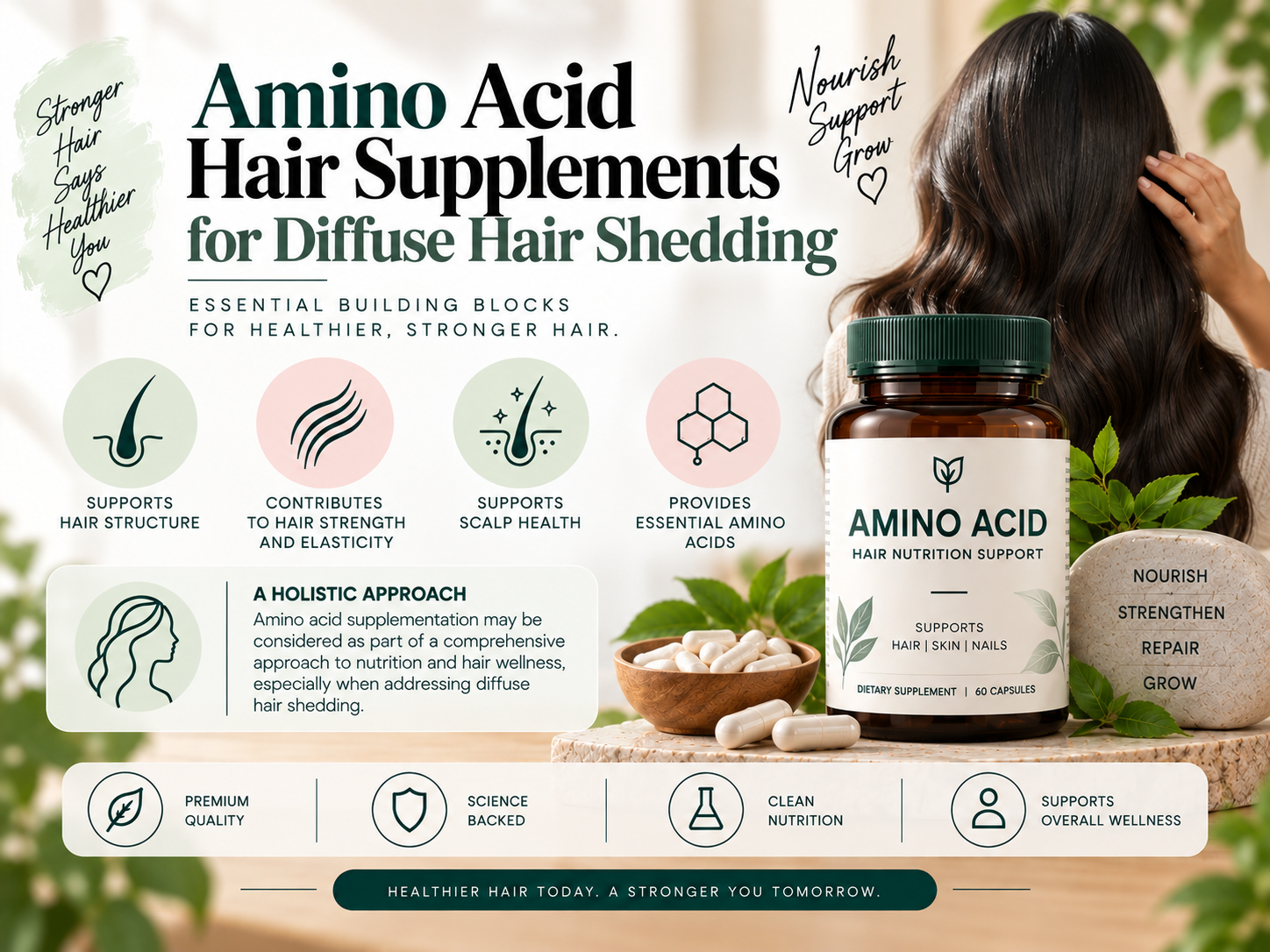 Amino Acid Hair Supplements for Diffuse Hair Shedding Amino acid hair supplement bottle with capsules and hair wellness imagery, representing nutritional support for hair structure and diffuse hair shedding.