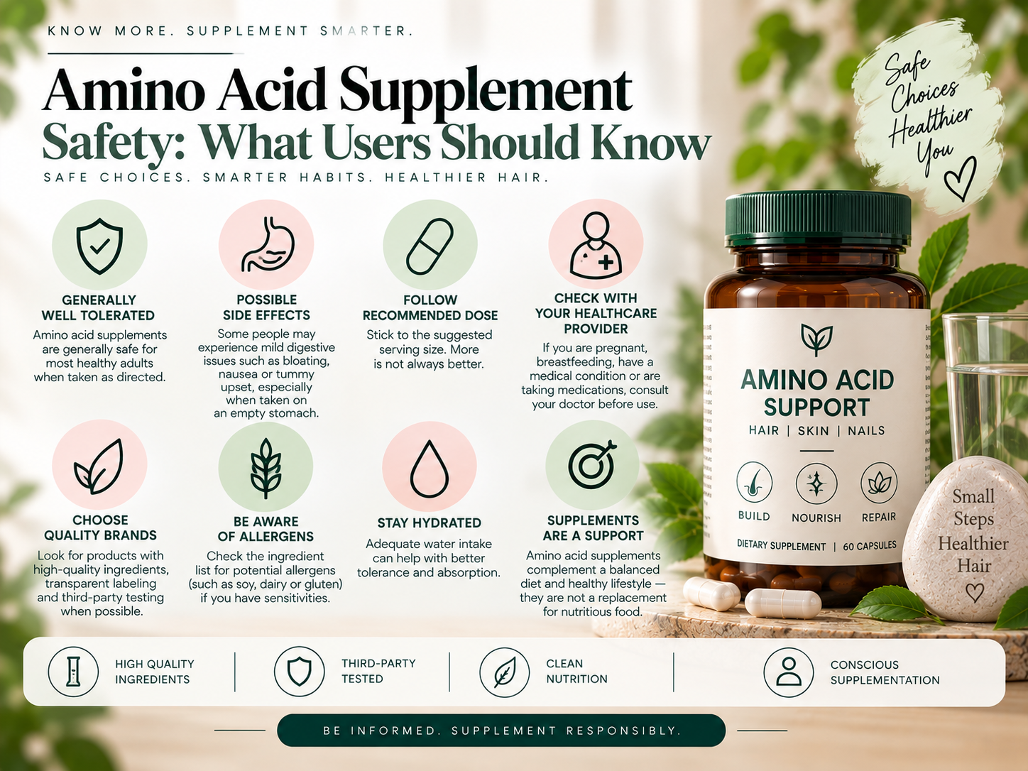 Amino Acid Supplement Safety: What Users Should Know Educational visual showing amino acid supplement safety, including appropriate dosing, hydration, quality checks, and professional guidance.