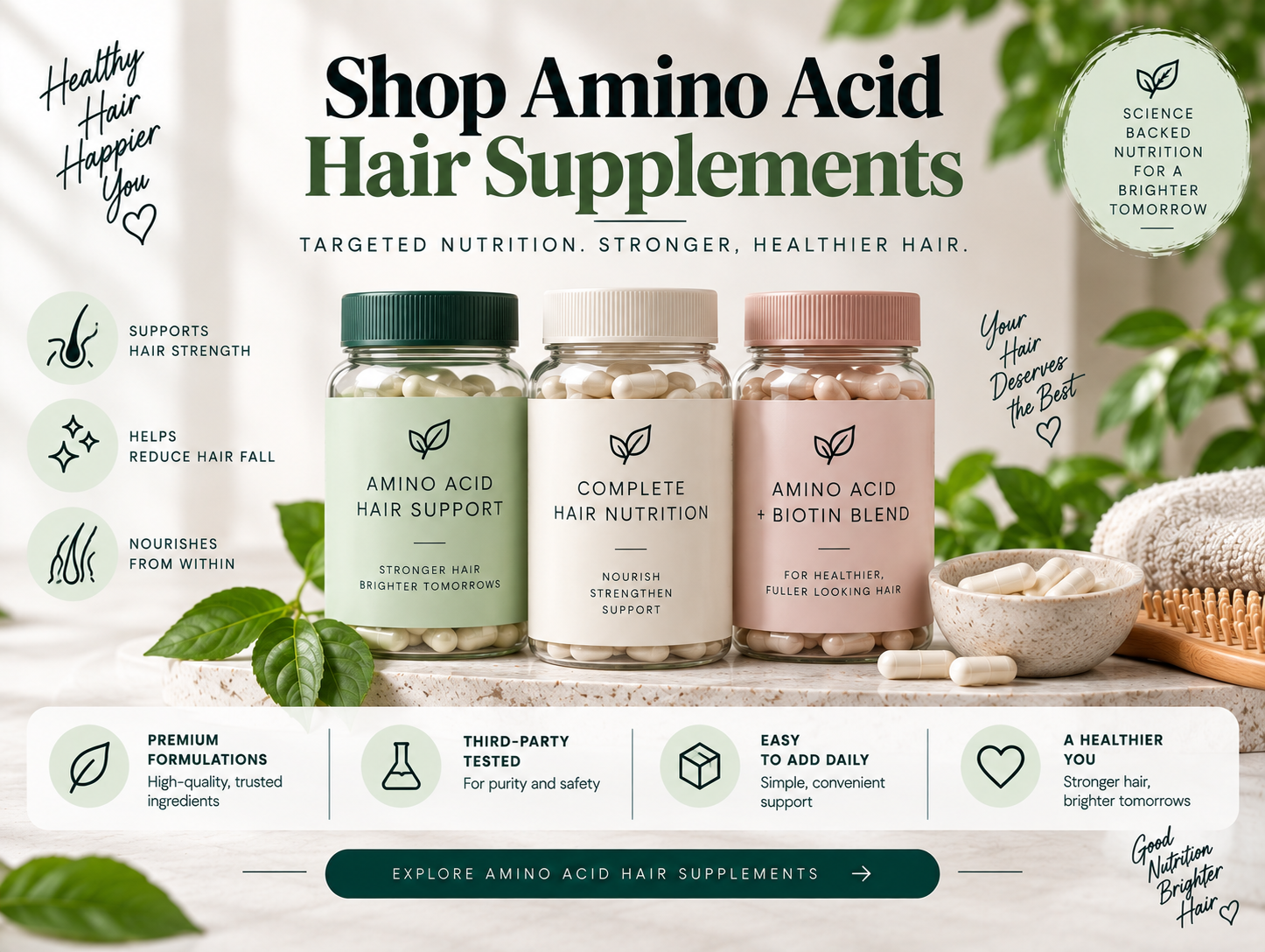 Shop Amino Acid Hair Supplements Amino acid hair supplements with capsules and botanical ingredients for targeted hair nutrition support.