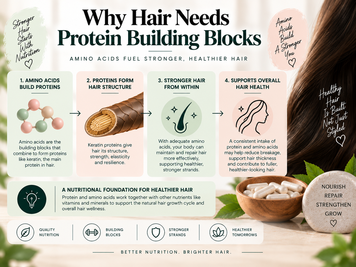 Why Hair Needs Protein Building Blocks Educational infographic showing amino acids, keratin, and protein building blocks that support healthy hair structure and strength.