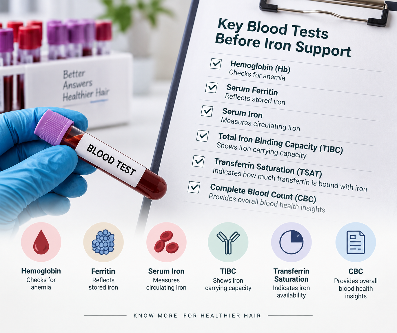 Blood tests often discussed before starting iron support, including ferritin, hemoglobin, serum iron, TIBC, transferrin saturation, and CBC.