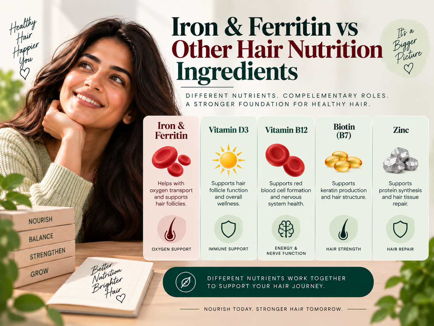 Educational comparison visual showing iron and ferritin alongside Vitamin D3, Vitamin B12, biotin, and zinc, highlighting their different roles in overall hair nutrition.