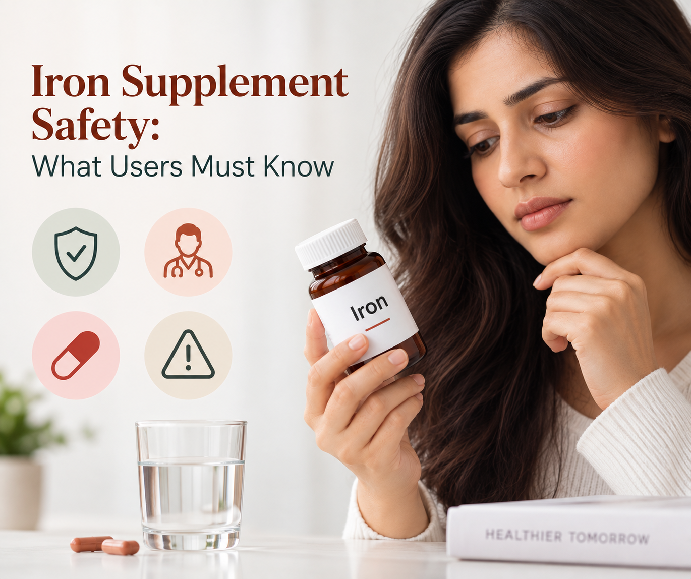 Woman reviewing an iron supplement bottle with safety and caution symbols.