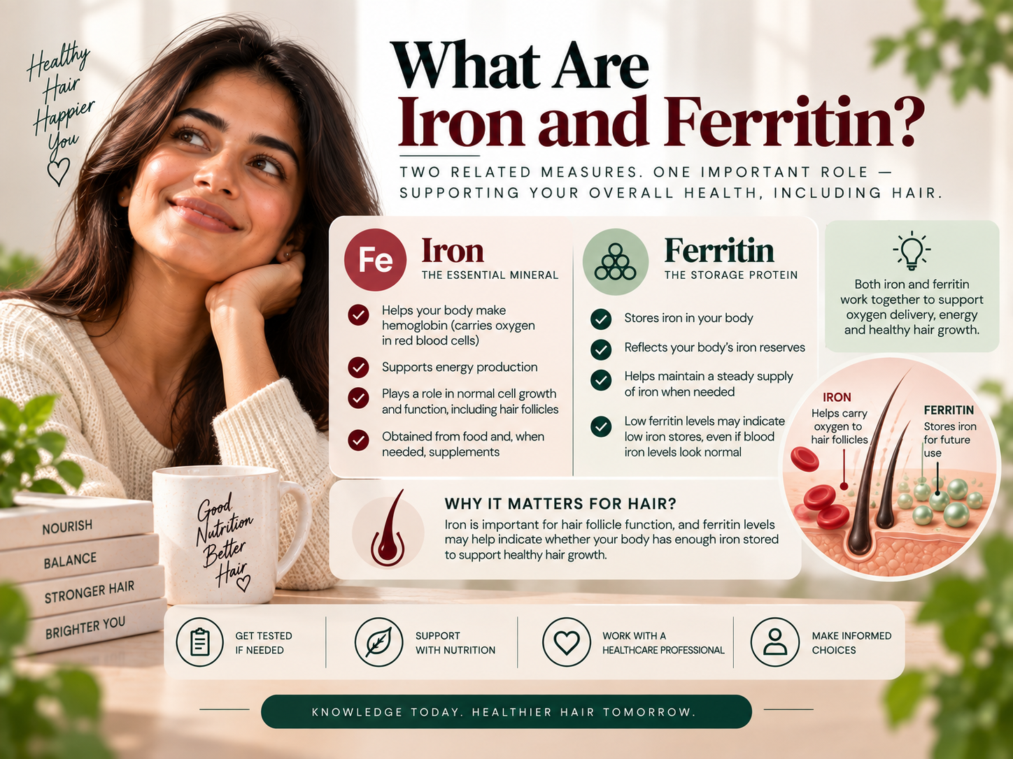 Female model featured in an educational visual explaining iron and ferritin, with red blood cell, iron storage, and hair follicle illustrations.