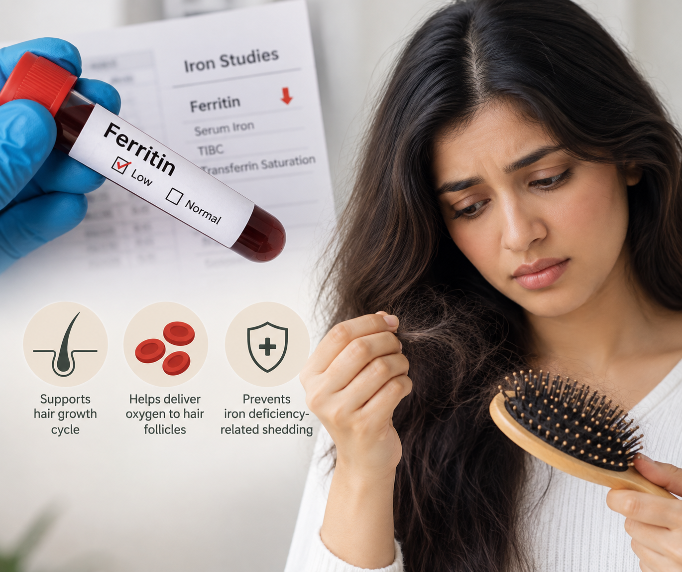 Woman experiencing diffuse hair shedding with a low ferritin blood test