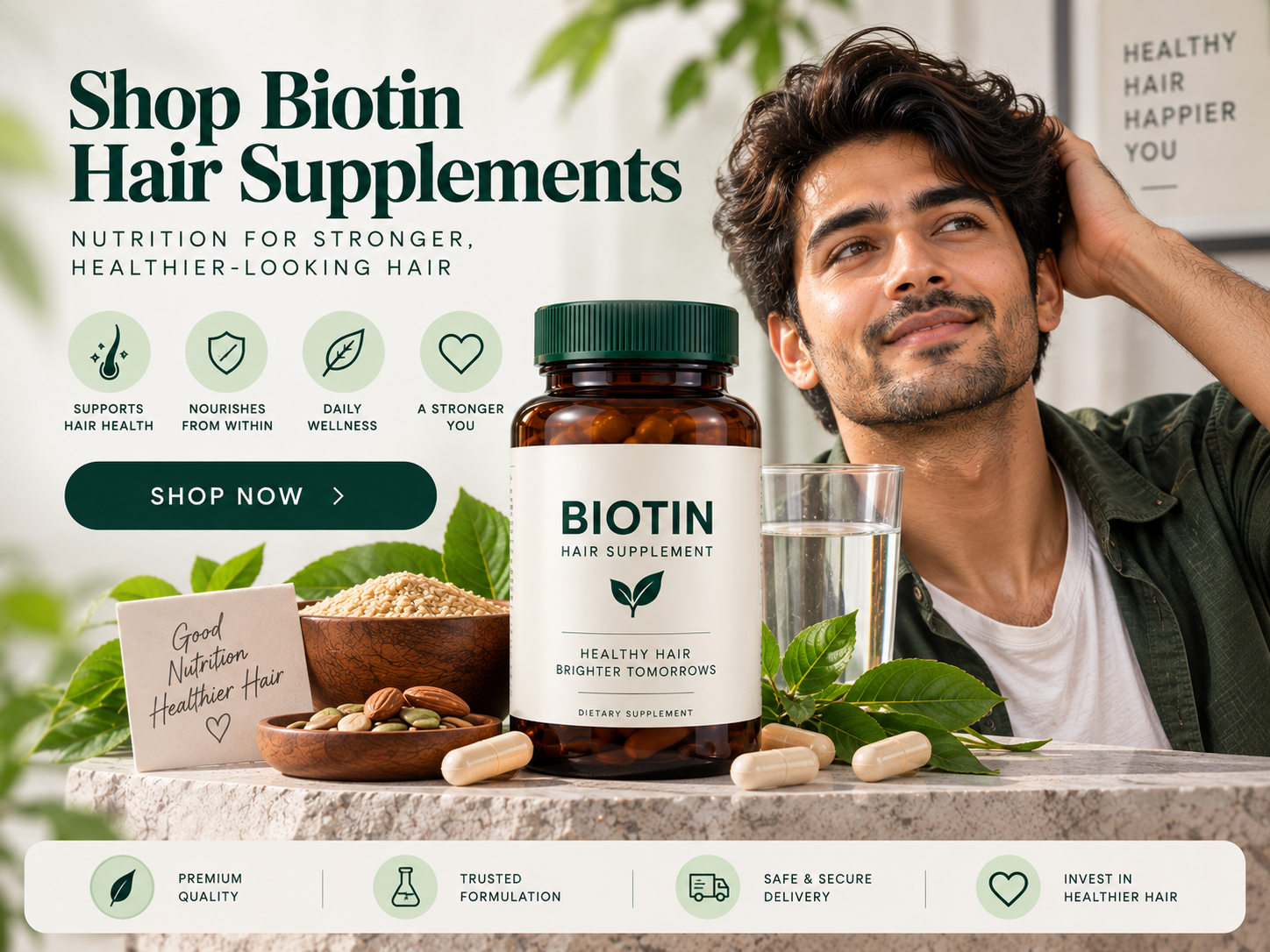 Shop Biotin Hair Supplements for Hair Nutrition Support Biotin hair supplement bottle displayed with capsules, natural ingredients, and a male model with healthy-looking hair.