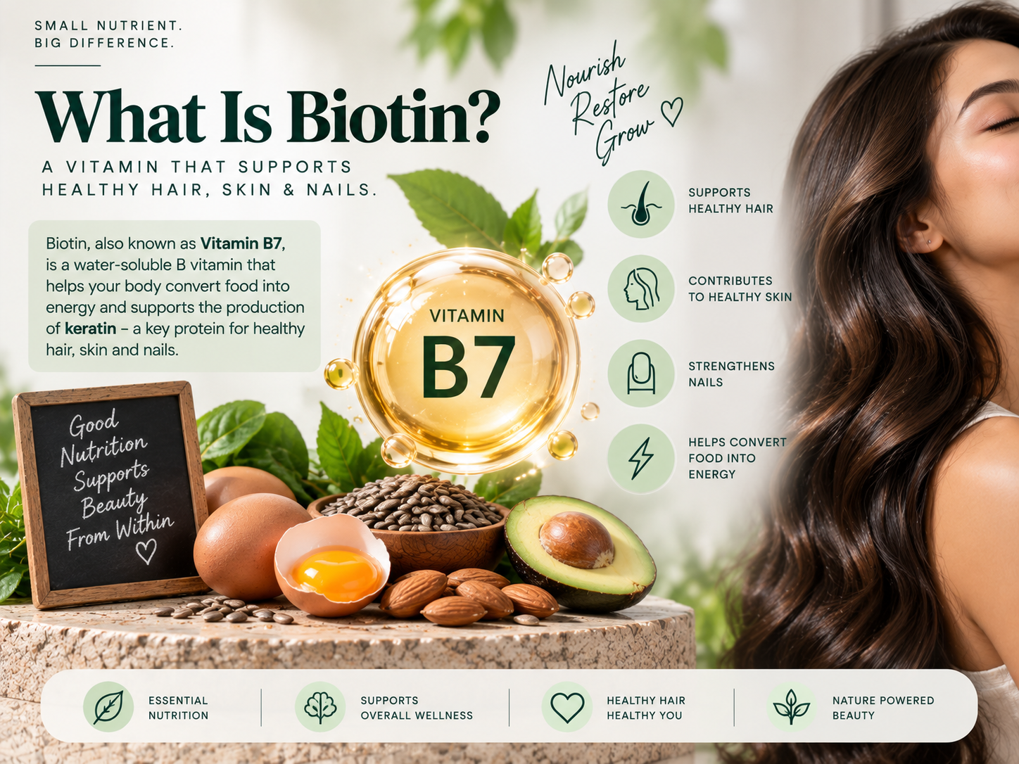 What Is Biotin? Understanding Vitamin B7 Informative biotin infographic explaining Vitamin B7, with natural food sources and illustrations representing support for healthy hair, skin, nails, and energy metabolism.