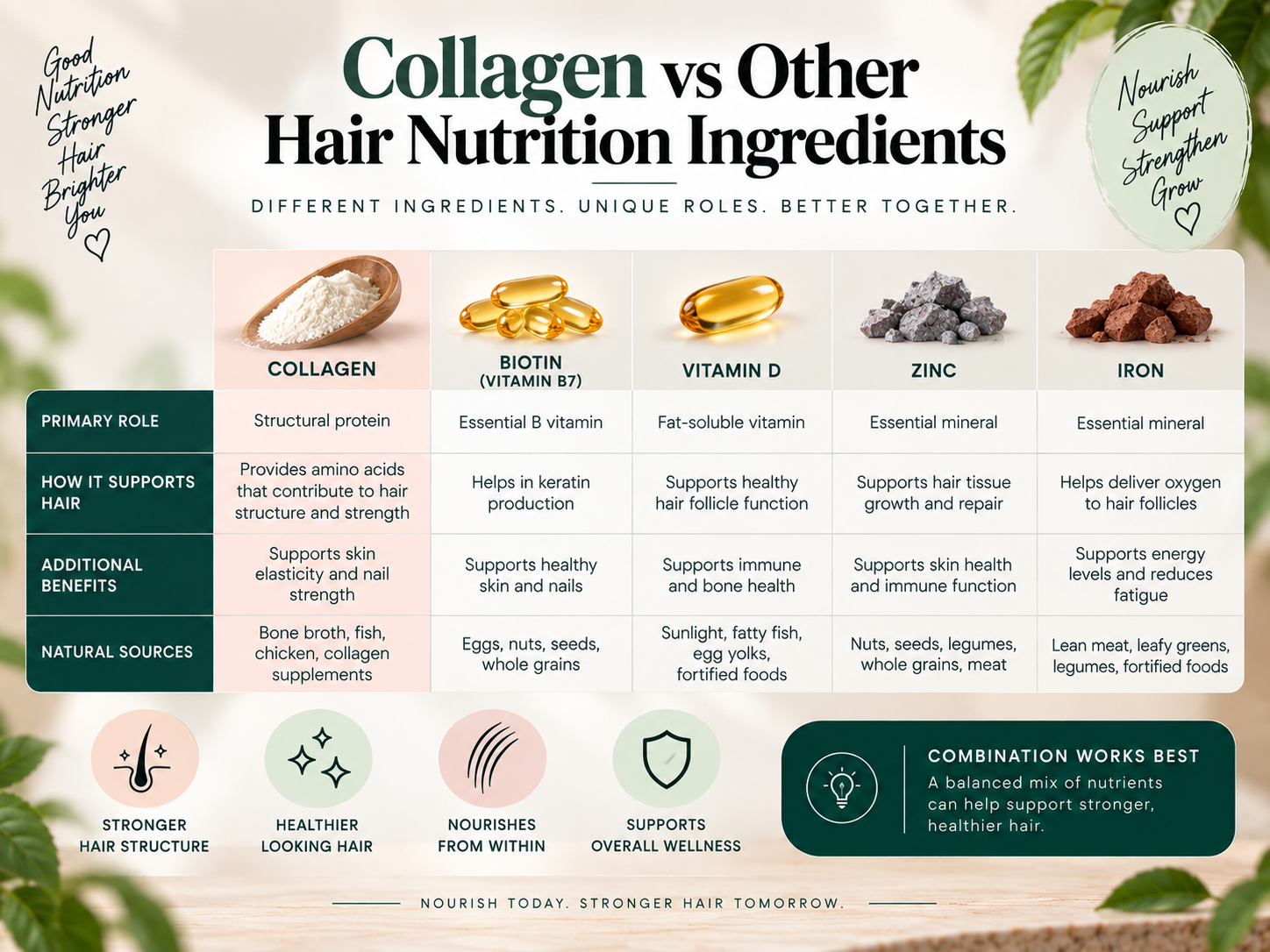 Collagen vs Other Hair Nutrition Ingredients Educational comparison infographic showing collagen alongside biotin, vitamin D, zinc, and iron, highlighting their different roles in overall hair nutrition.