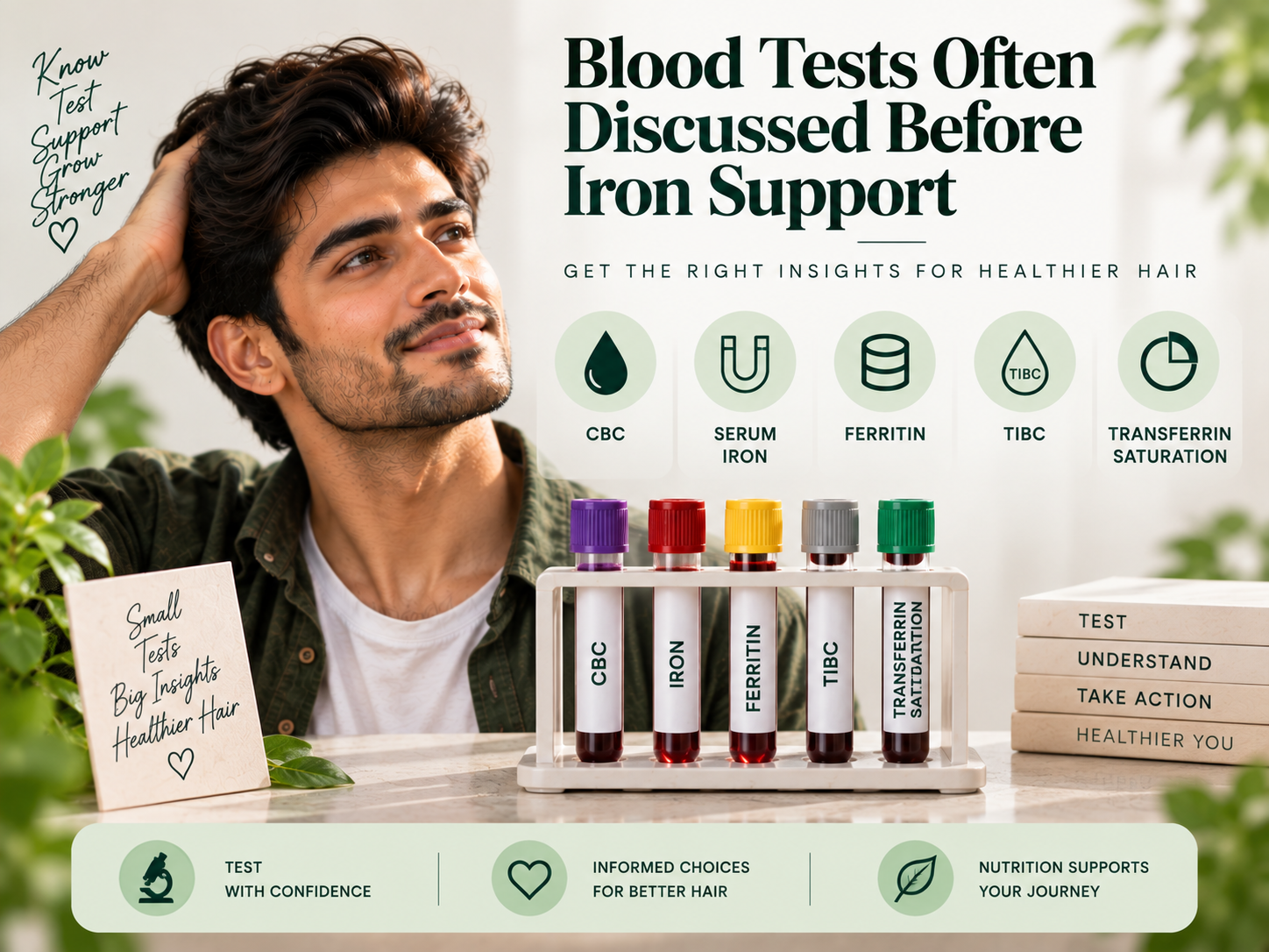 Blood Tests Often Discussed Before Iron Support Educational visual showing common blood tests often discussed before iron support, including CBC, serum iron, ferritin, TIBC, and transferrin saturation.