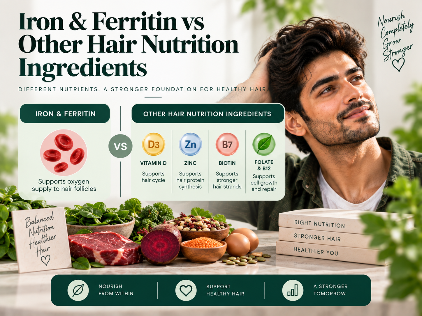 Iron & Ferritin vs Other Hair Nutrition Ingredients Comparison infographic showing iron and ferritin alongside other hair nutrition ingredients, including vitamin D, zinc, biotin, folate, and vitamin B12.