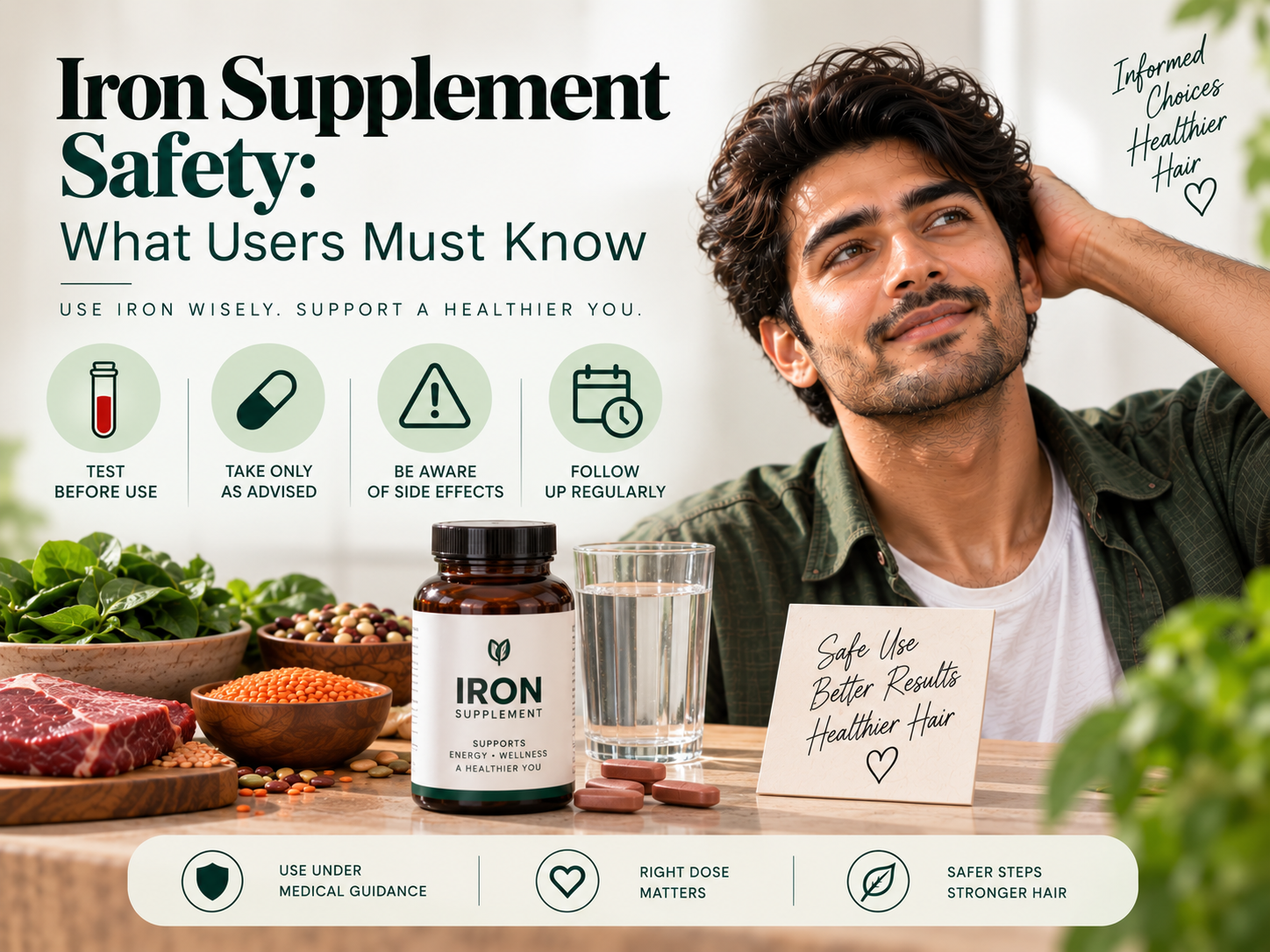 Iron Supplement Safety: What Users Must Know Educational visual about iron supplement safety, featuring an iron supplement bottle, tablets, a blood test symbol, and icons representing proper use, side-effect awareness, and follow-up.