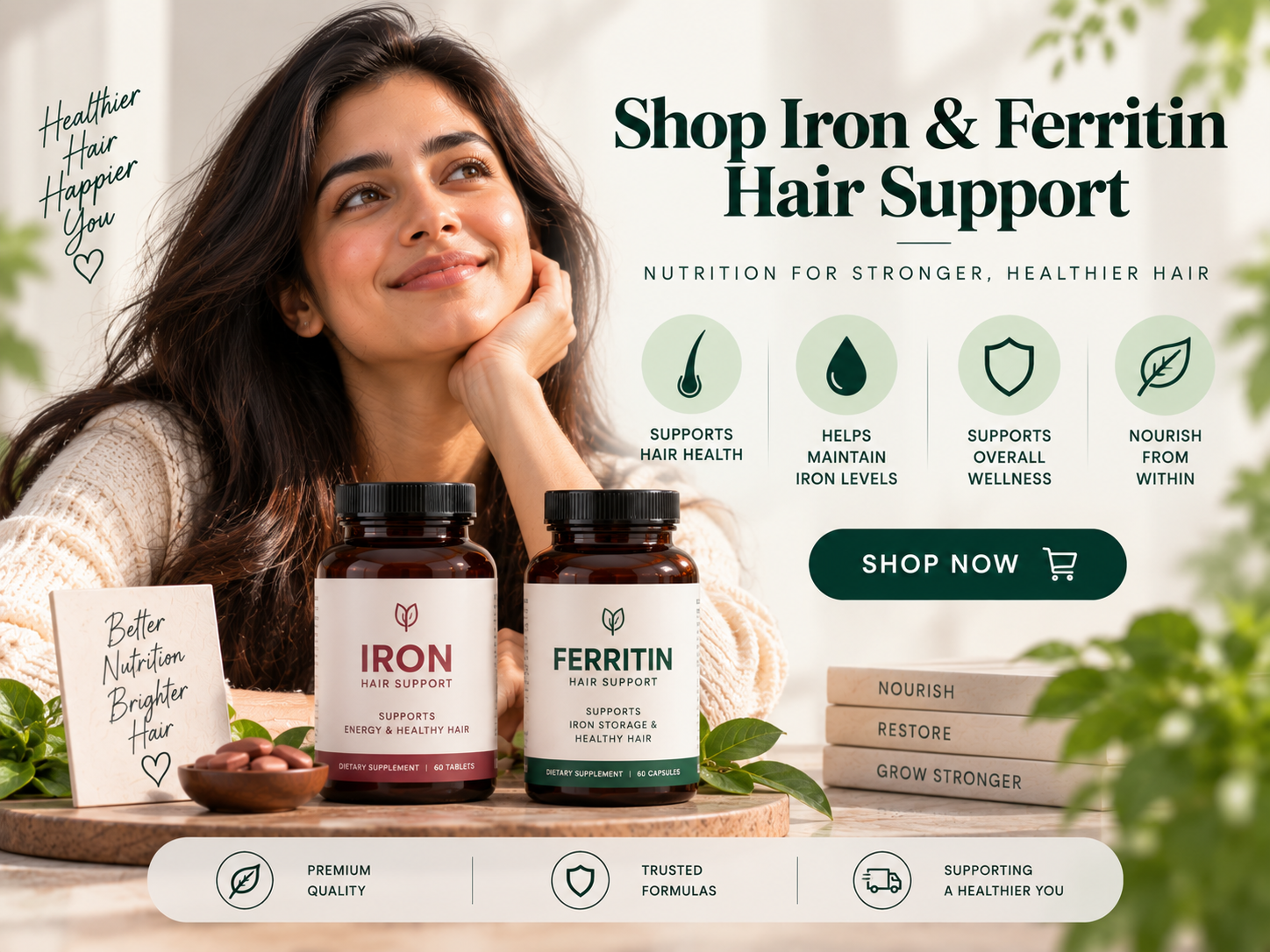 Shop Iron & Ferritin Hair Support Female model featured alongside iron and ferritin hair support supplement bottles in a clean wellness and hair nutrition setting.
