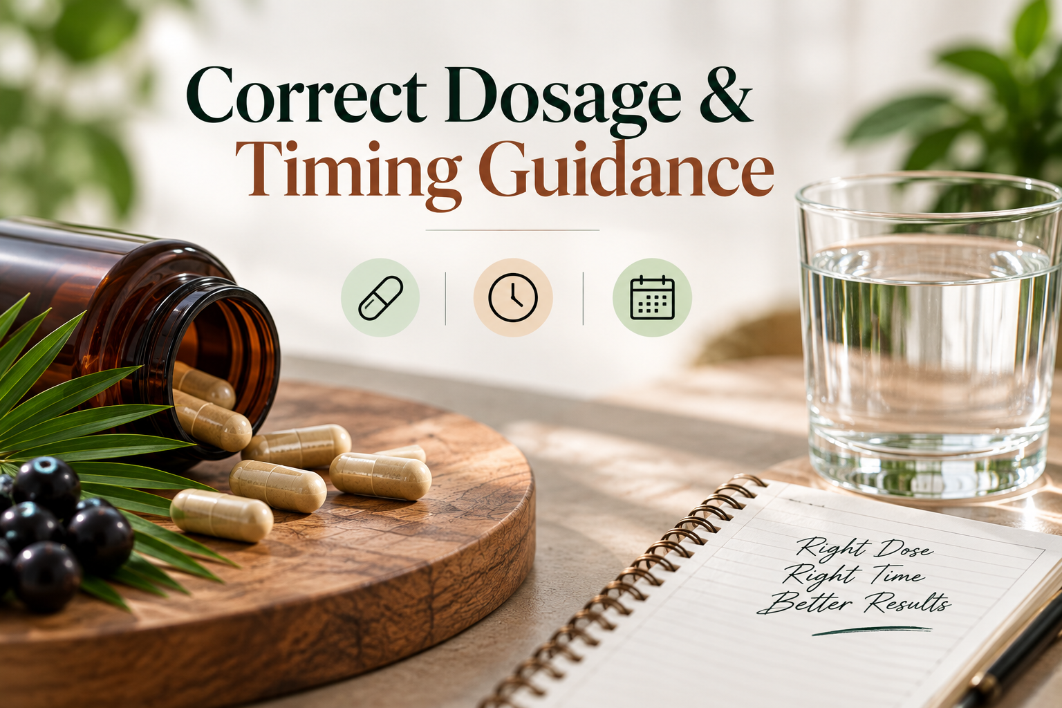 Wellness visual showing supplement capsules, water, clock, and calendar representing correct dosage and timing guidance.