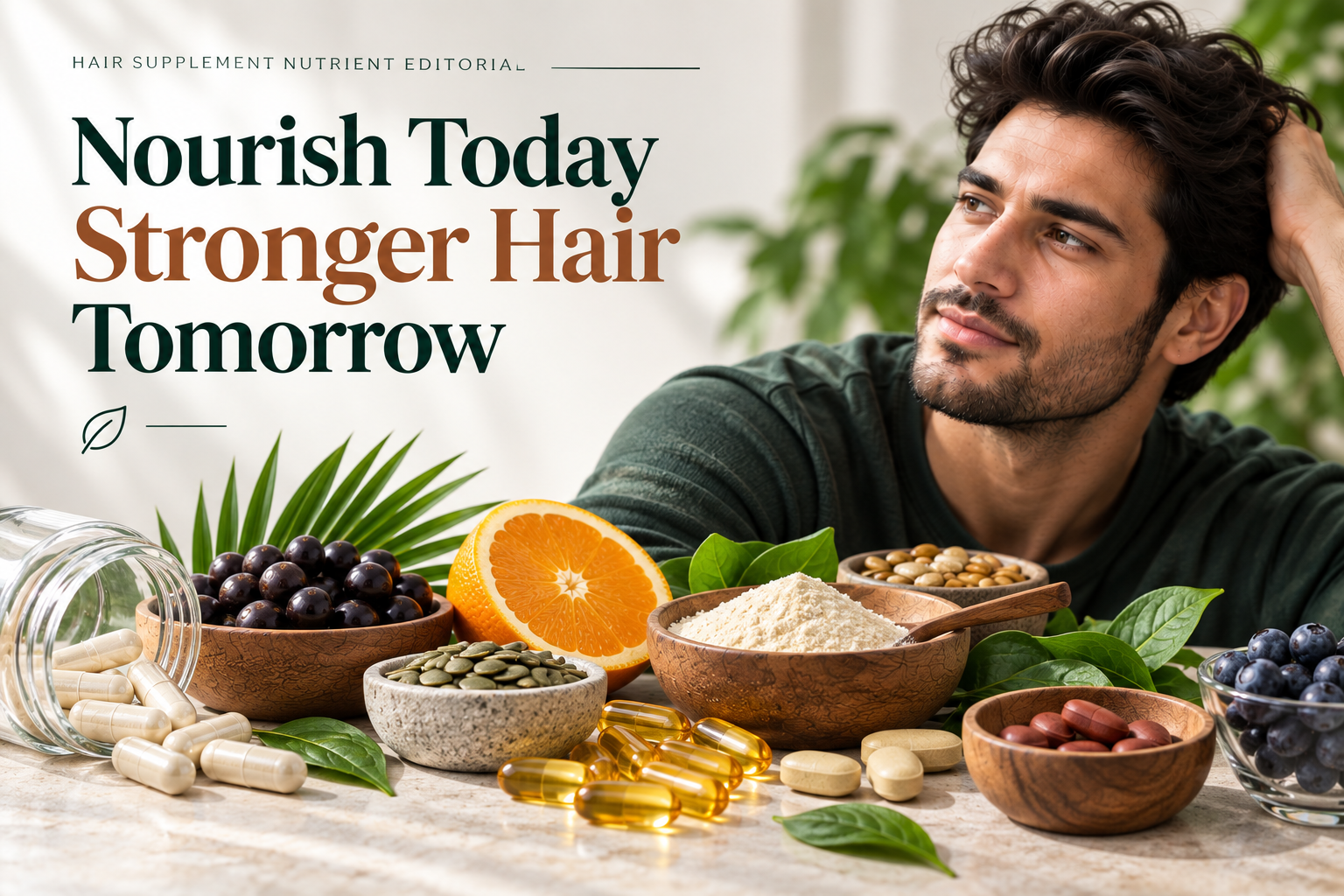 Hair supplement nutrient editorial featuring biotin, vitamin D, zinc, iron, vitamin C, saw palmetto, omega-3, collagen, and B vitamins for hair nutrition.