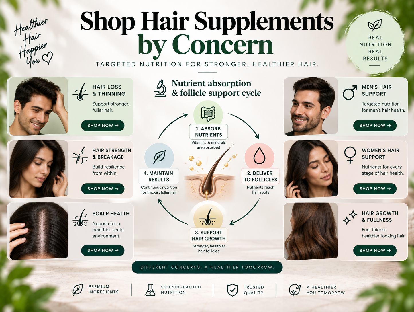 Shop hair supplements by concern with nutrient absorption and follicle support cycle.