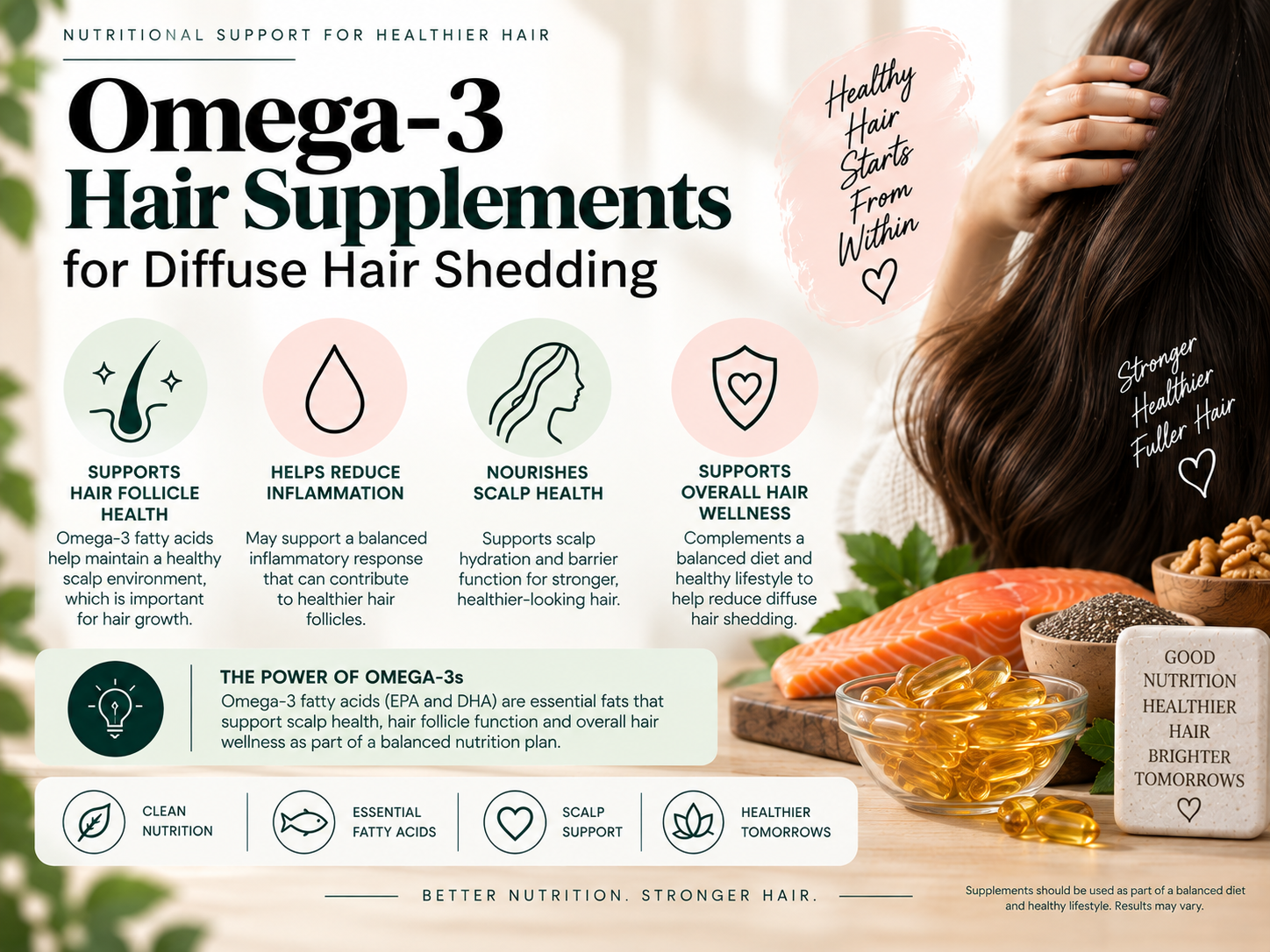 Omega-3 Hair Supplements for Diffuse Hair Shedding Omega-3 supplement capsules with salmon, chia seeds, walnuts, and hair wellness imagery representing nutritional support for diffuse hair shedding.