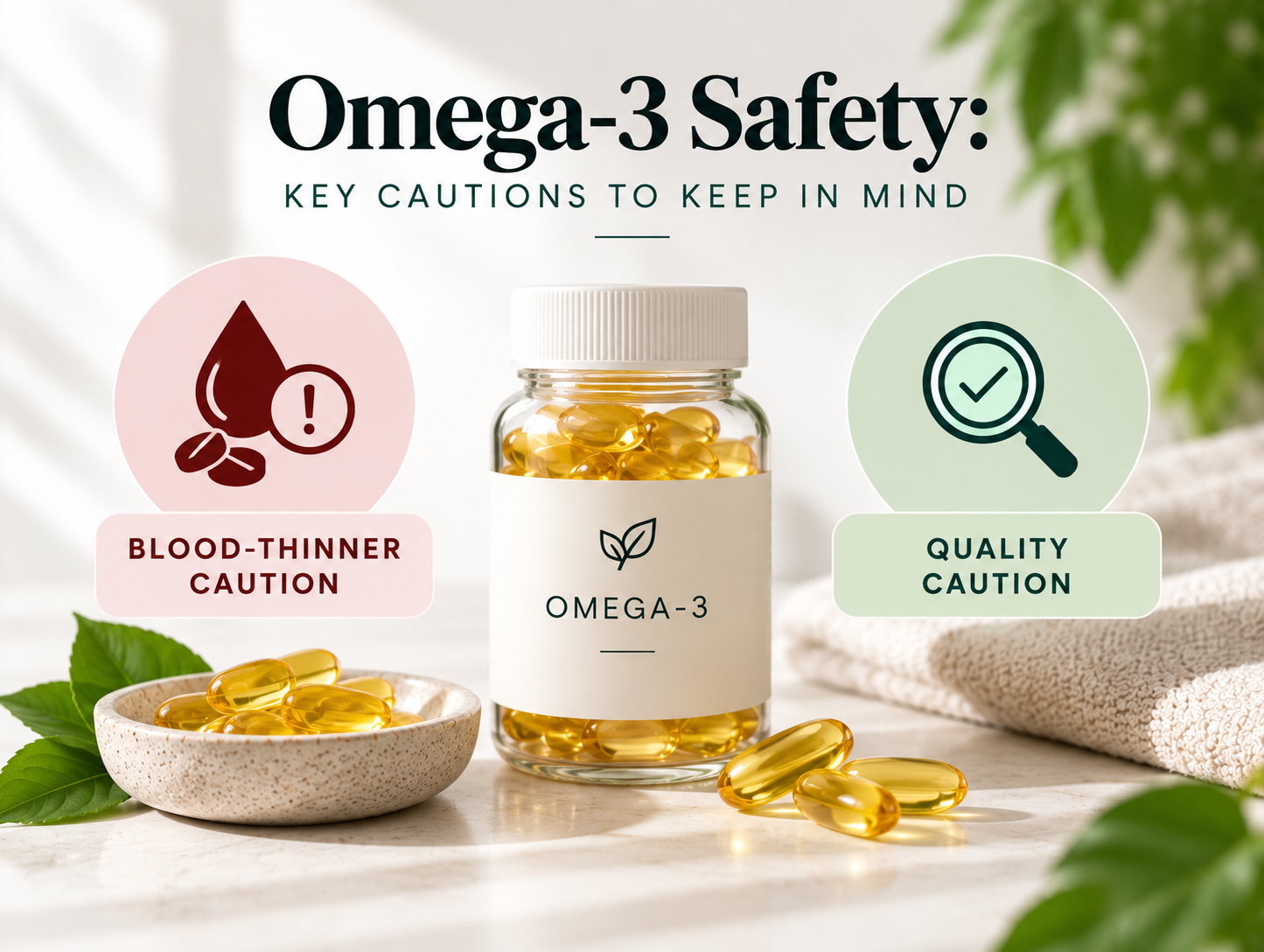 Omega-3 Safety: Blood-Thinner and Quality Caution Omega-3 supplement with blood-thinner and quality caution labels.