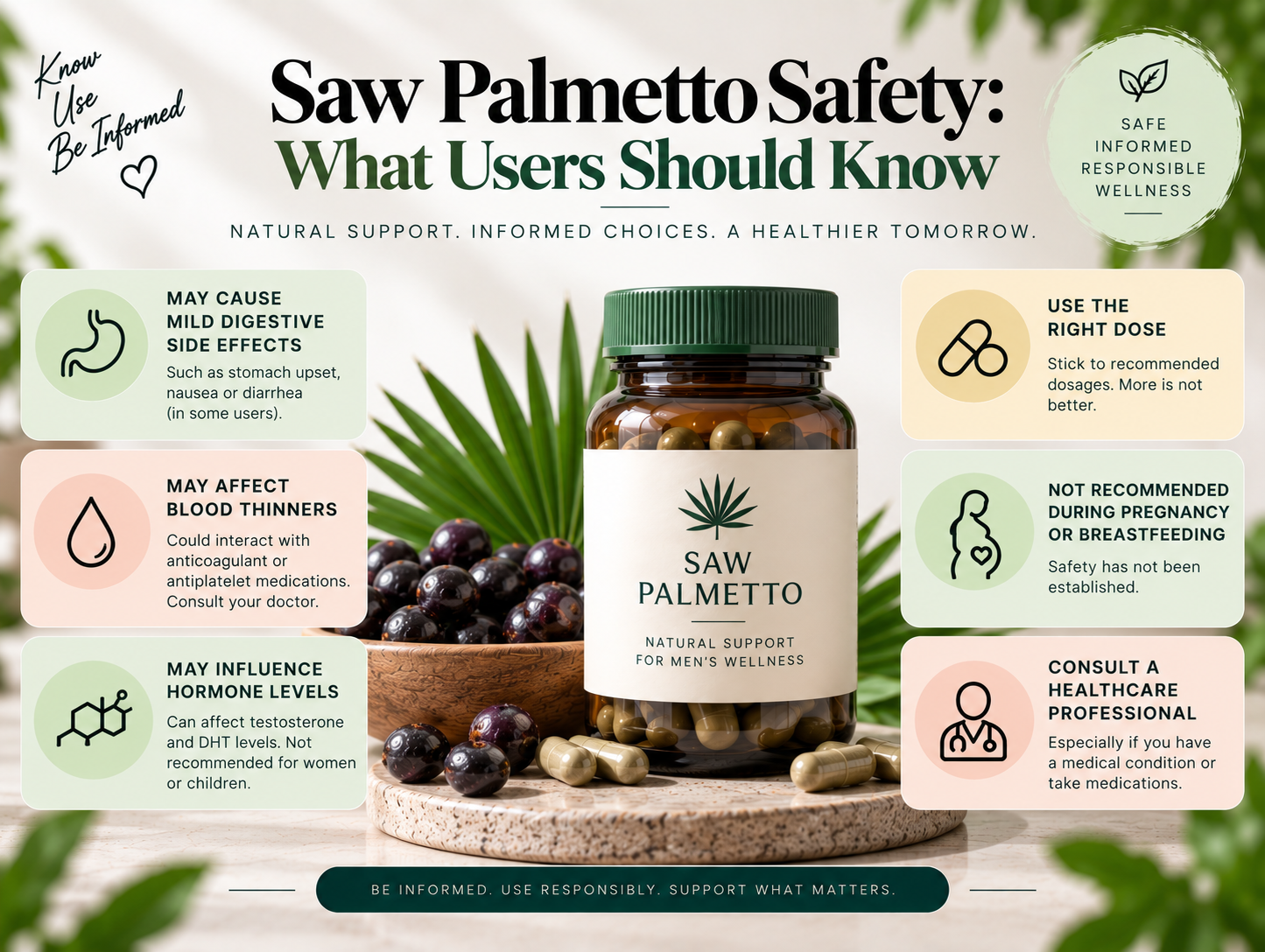 Saw palmetto supplement safety guide covering dosage, side effects, medication interactions, and pregnancy precautions.