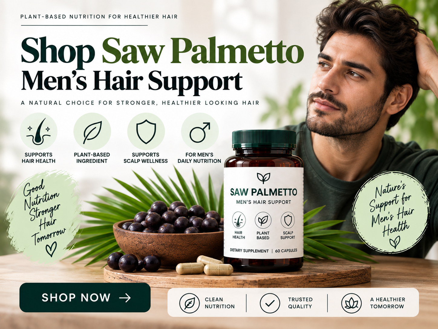 Saw palmetto men's hair supplement bottle with berries, botanical leaves, and male model representing men's hair and scalp support.