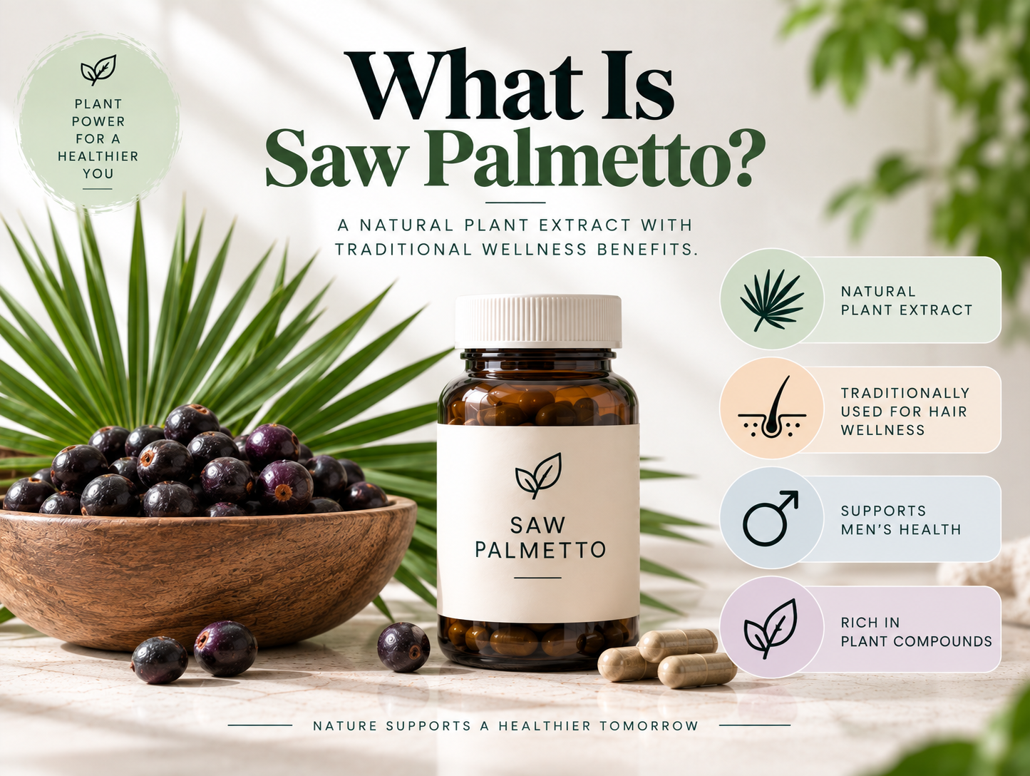 What is saw palmetto? Saw palmetto berries and supplement bottle highlighting its natural plant origin and traditional hair wellness use.