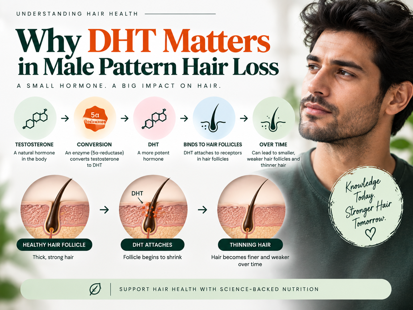 Educational infographic showing how testosterone is converted to DHT and how DHT can affect hair follicles in male pattern hair loss.