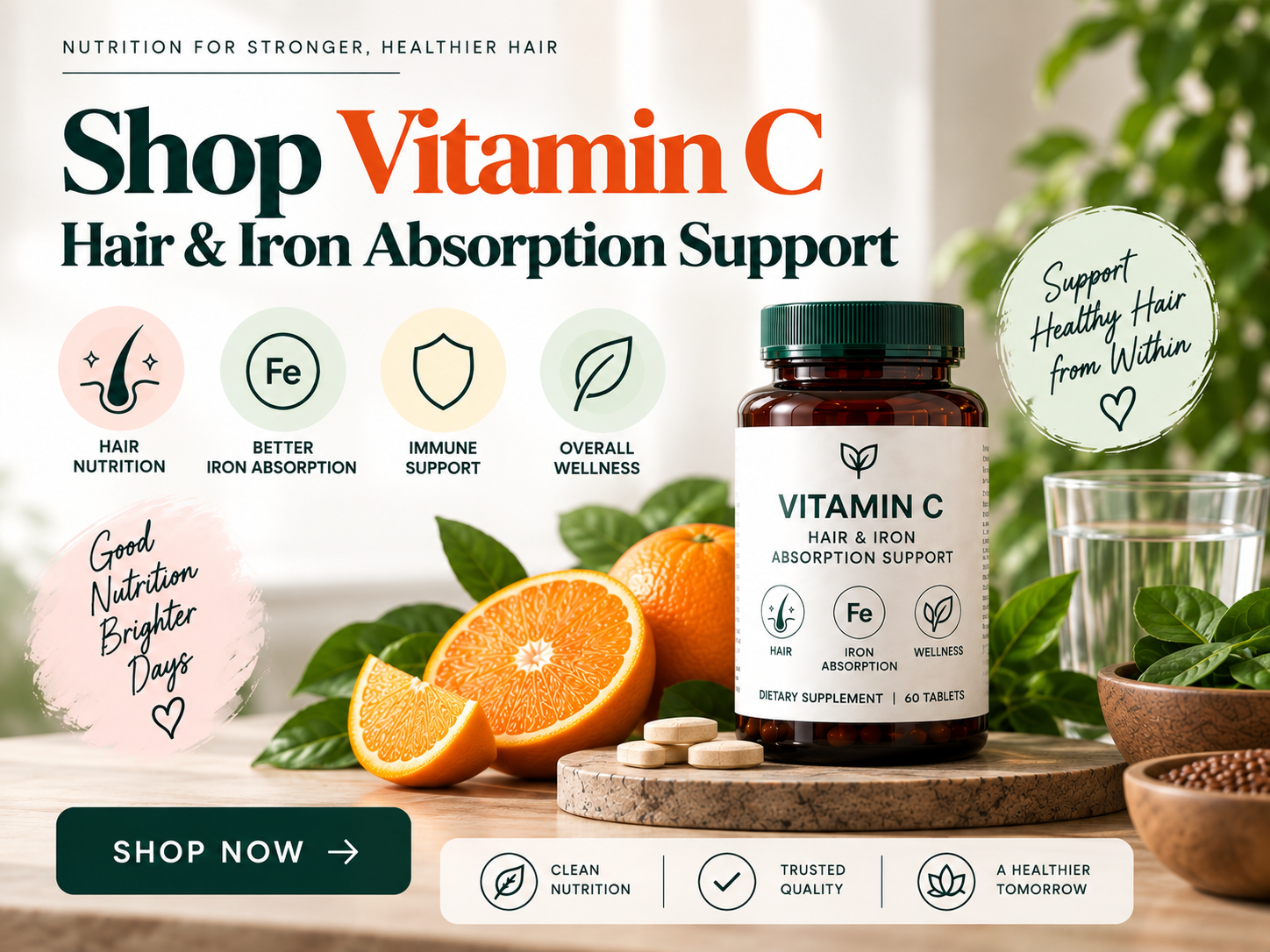 Shop Vitamin C Hair & Iron Absorption Support Vitamin C supplement bottle with oranges, tablets, leafy greens, and hair nutrition imagery representing vitamin C and iron absorption support.