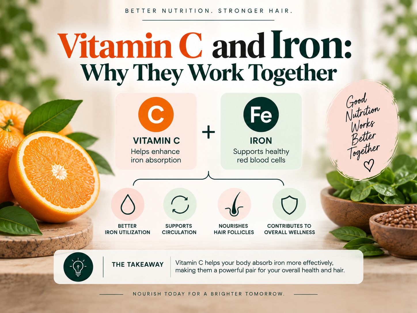 Vitamin C and Iron: Why They Work Together Educational infographic showing how Vitamin C and iron work together, with simple icons for iron absorption, circulation, hair follicles, and overall wellness.