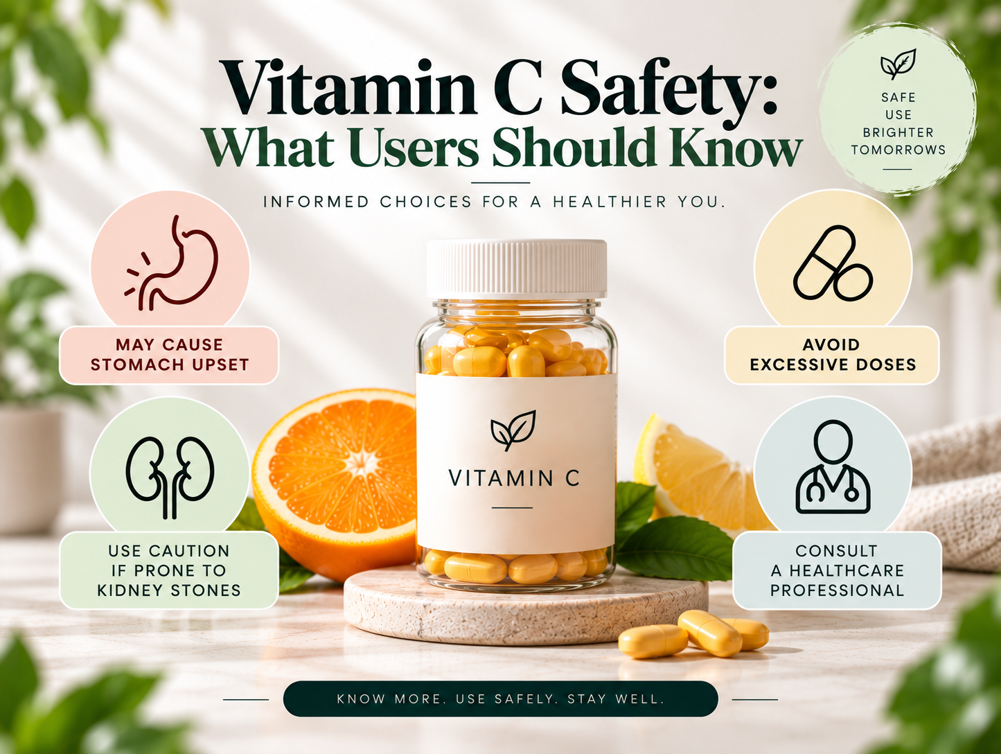 Vitamin C Safety: What Users Should Know Vitamin C supplement with safety guidance for stomach upset, excessive doses, kidney stone risk, and healthcare consultation.