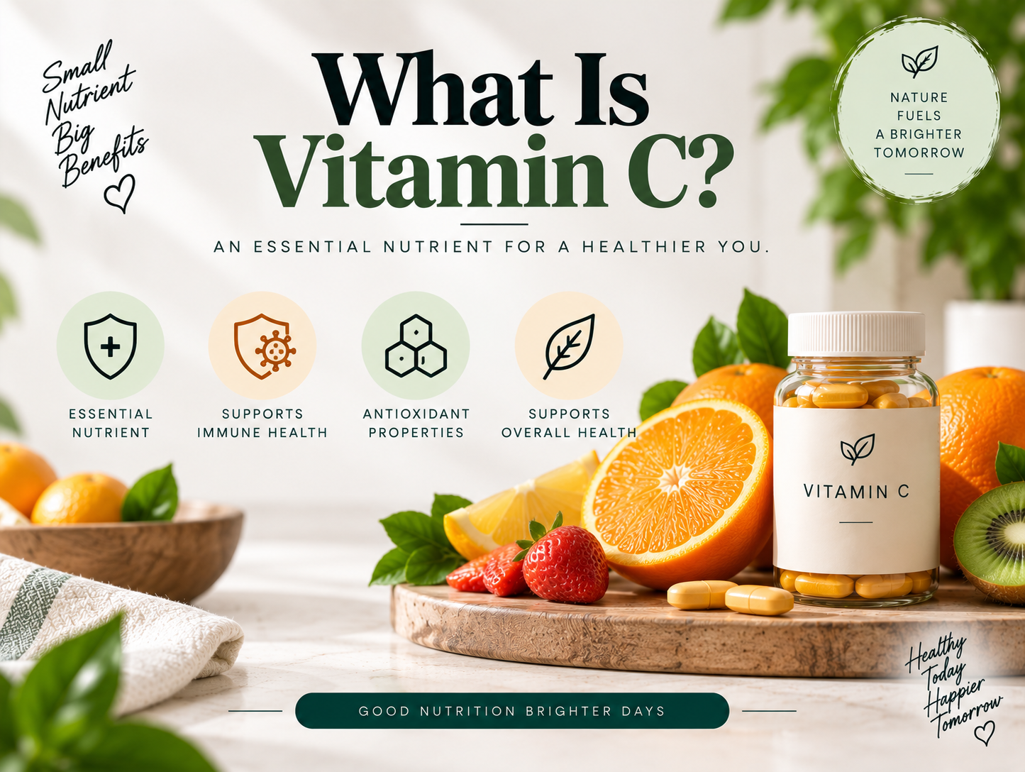 What Is Vitamin C? What is vitamin C? Infographic showing vitamin C supplements, citrus fruits, and antioxidant and immune health benefits.