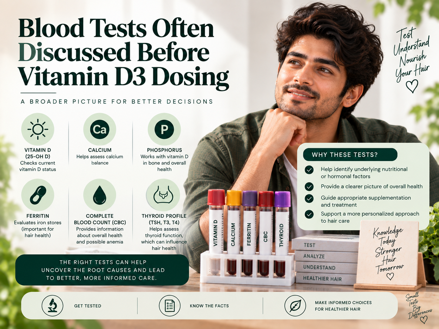 Blood Tests Often Discussed Before Vitamin D3 Dosing Educational infographic showing blood tests often discussed before Vitamin D3 dosing, including vitamin D, calcium, phosphorus, ferritin, complete blood count, and thyroid profile.
